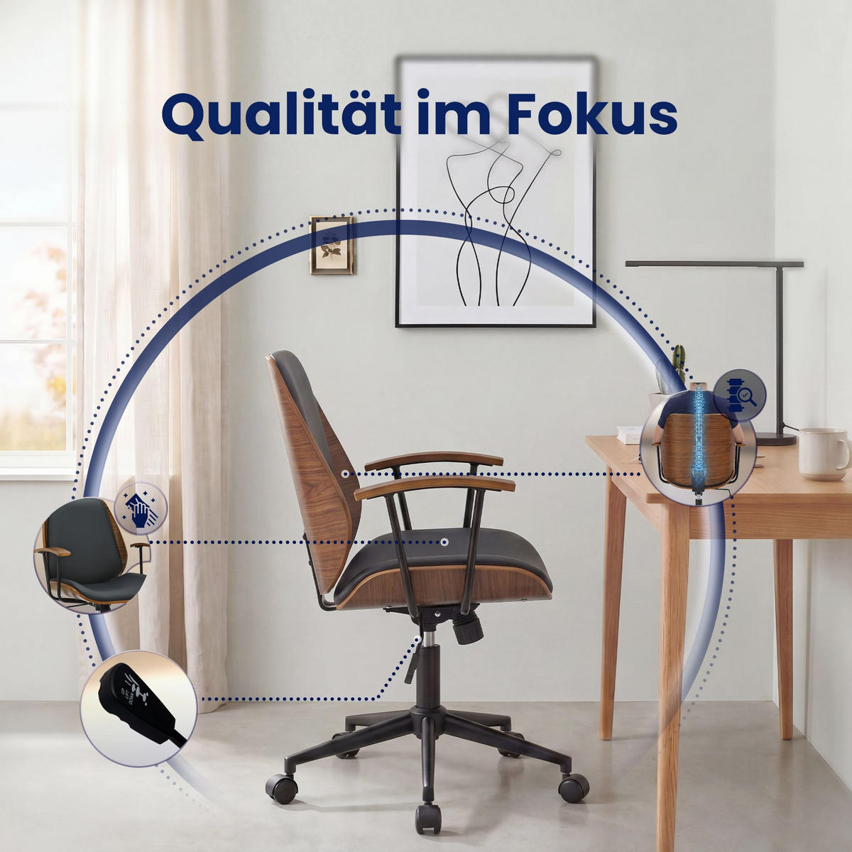 DREHSTUHL Lederlook Walnuss/Schwarz - Walnussfarben/Schwarz, Textil/Metall (63/90/57cm) - CLP
