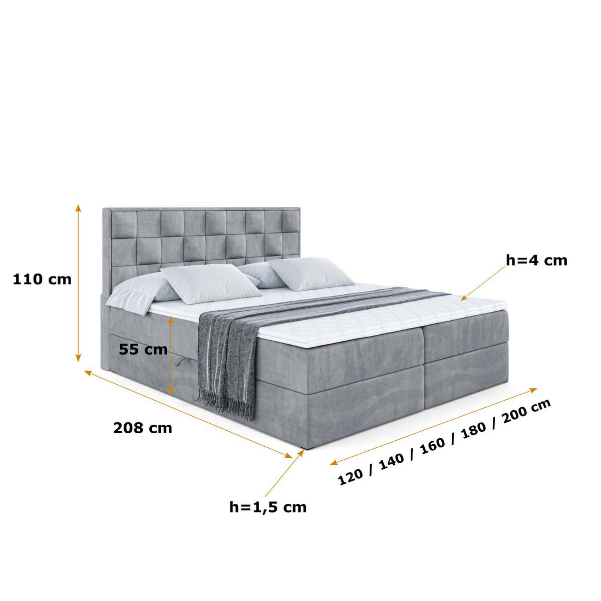 BOXBETT mit H4-Matratze und Lattenrost- ZAFIRA-BZ - 160x200 - Grau Samt - Grau, Holzwerkstoff (160/200cm) - ALTDECOR