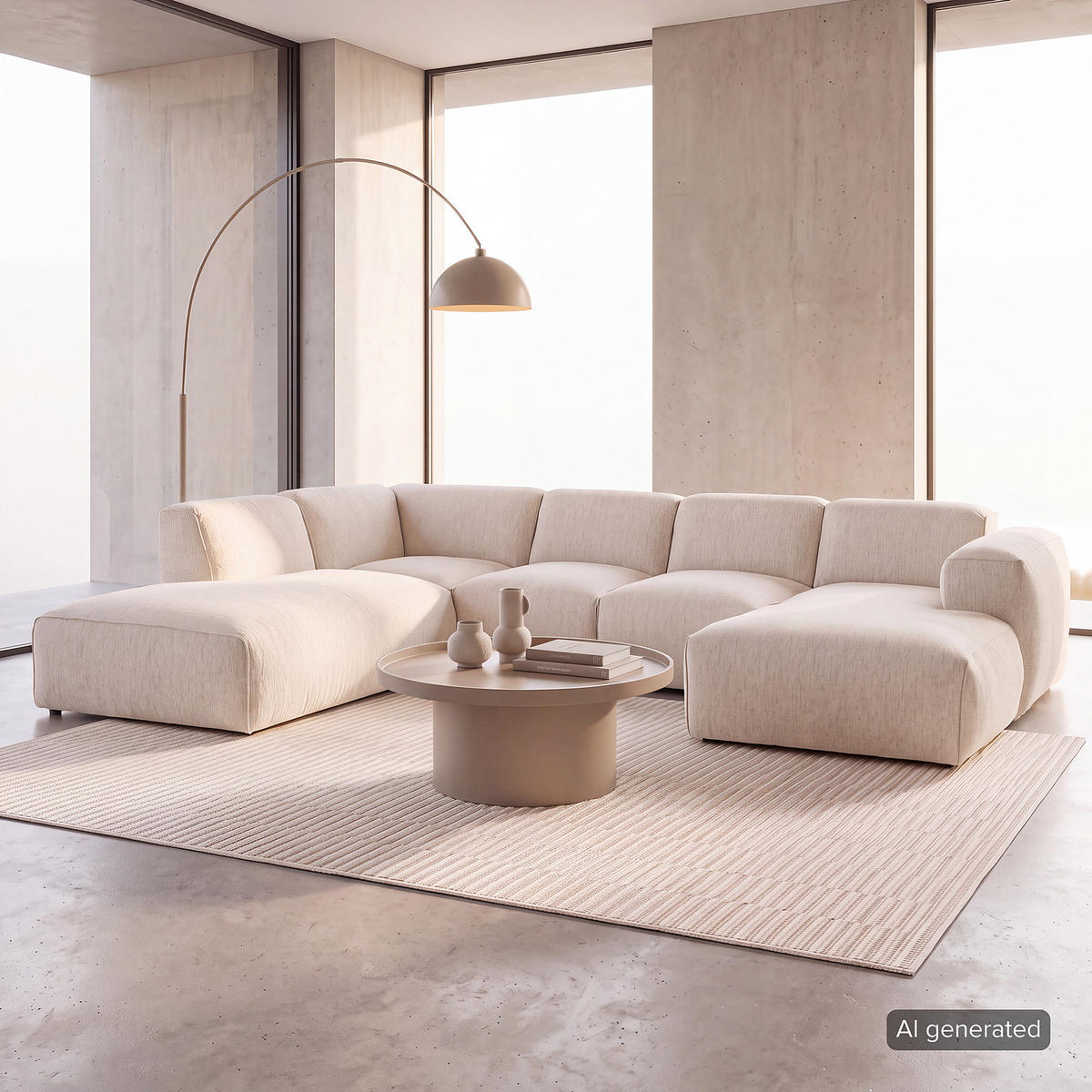WOHNLANDSCHAFT mit Longchair - Beige/Schwarz, Kunststoff/Textil (325/71/235cm) - home24