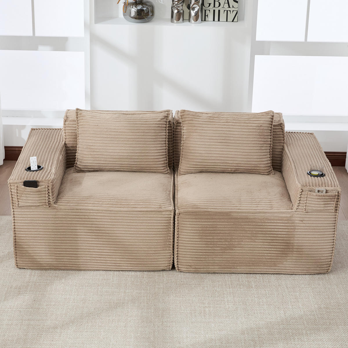 2-SITZER-SOFA DE-33835 modular mit Getränkehaltern Khaki - Sandfarben, Textil (188/75/90cm) - ComfortXL