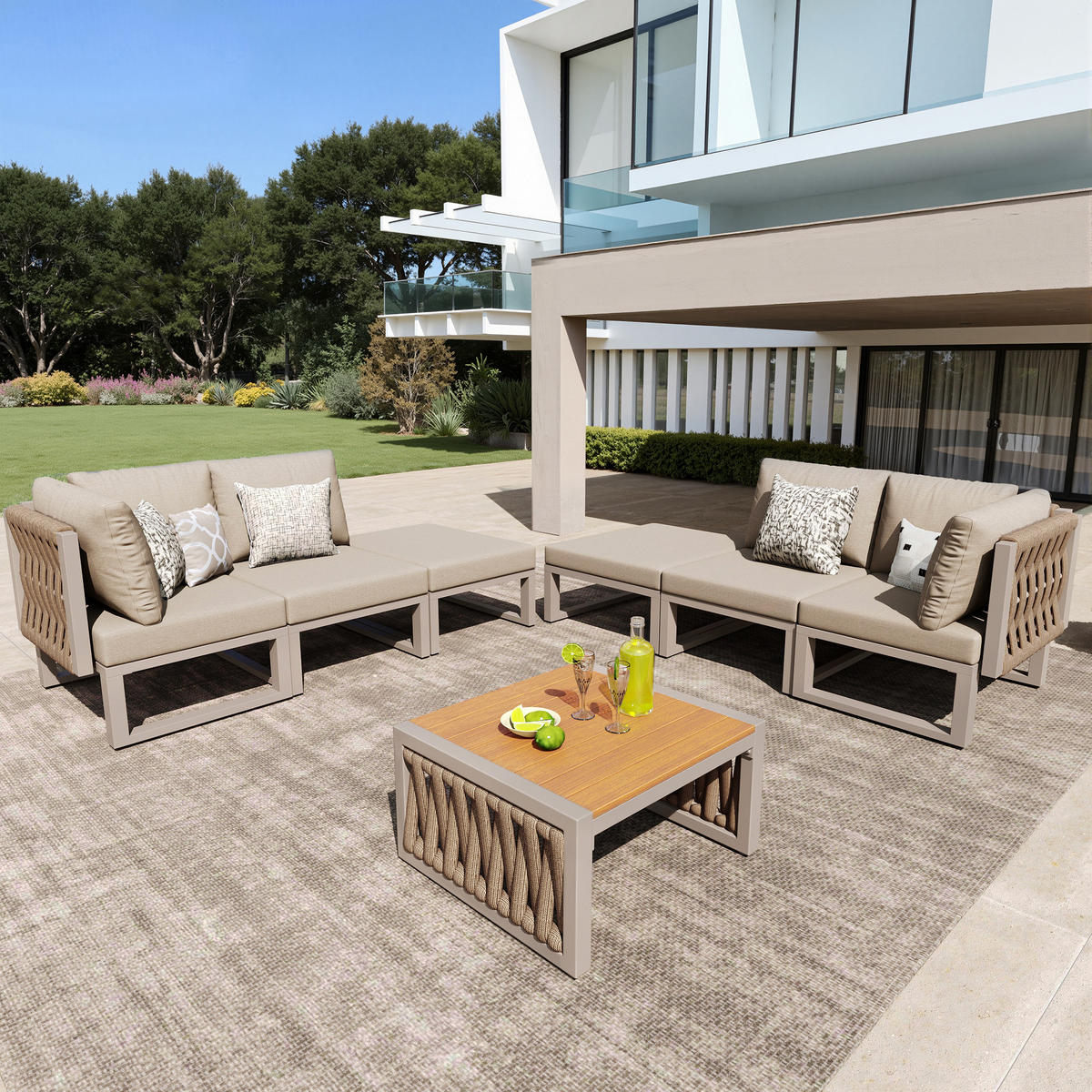 GARTEN-LOUNGE-SET mit verstellbaren Rückenlehnen & Tisch, 54/49/83 cm, Beige - Beige, Metall - Redom