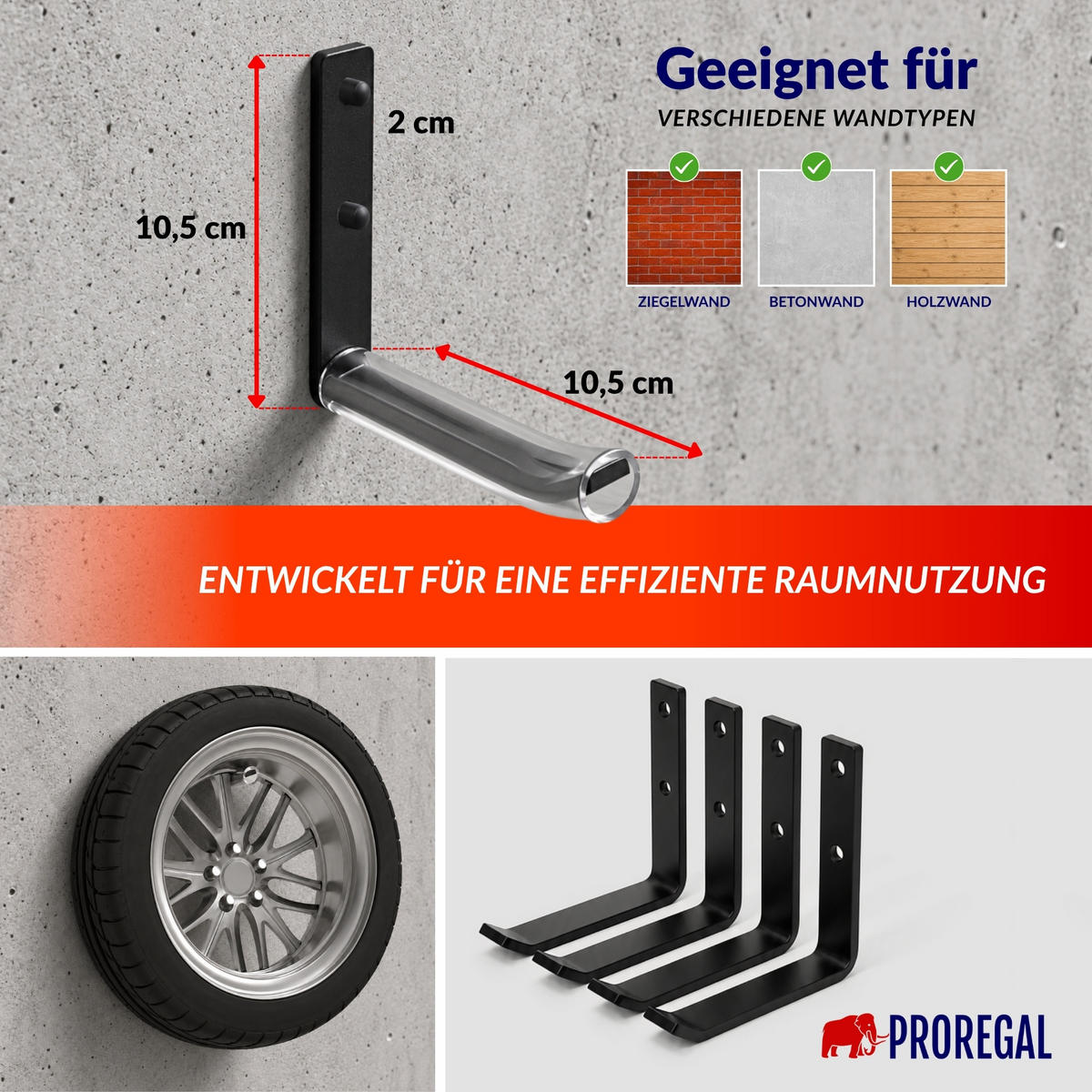 AUTOREIFEN-WANDHALTER PREX SMALL 4er Reifen Set HxBxT 10,5x2x10,5 cm Traglast 25 kg Schwarz Set für Garage Zum Anschrauben mit hoher Qualität - Schwarz, Metall (10.5/2/10.5cm) - PROREGAL