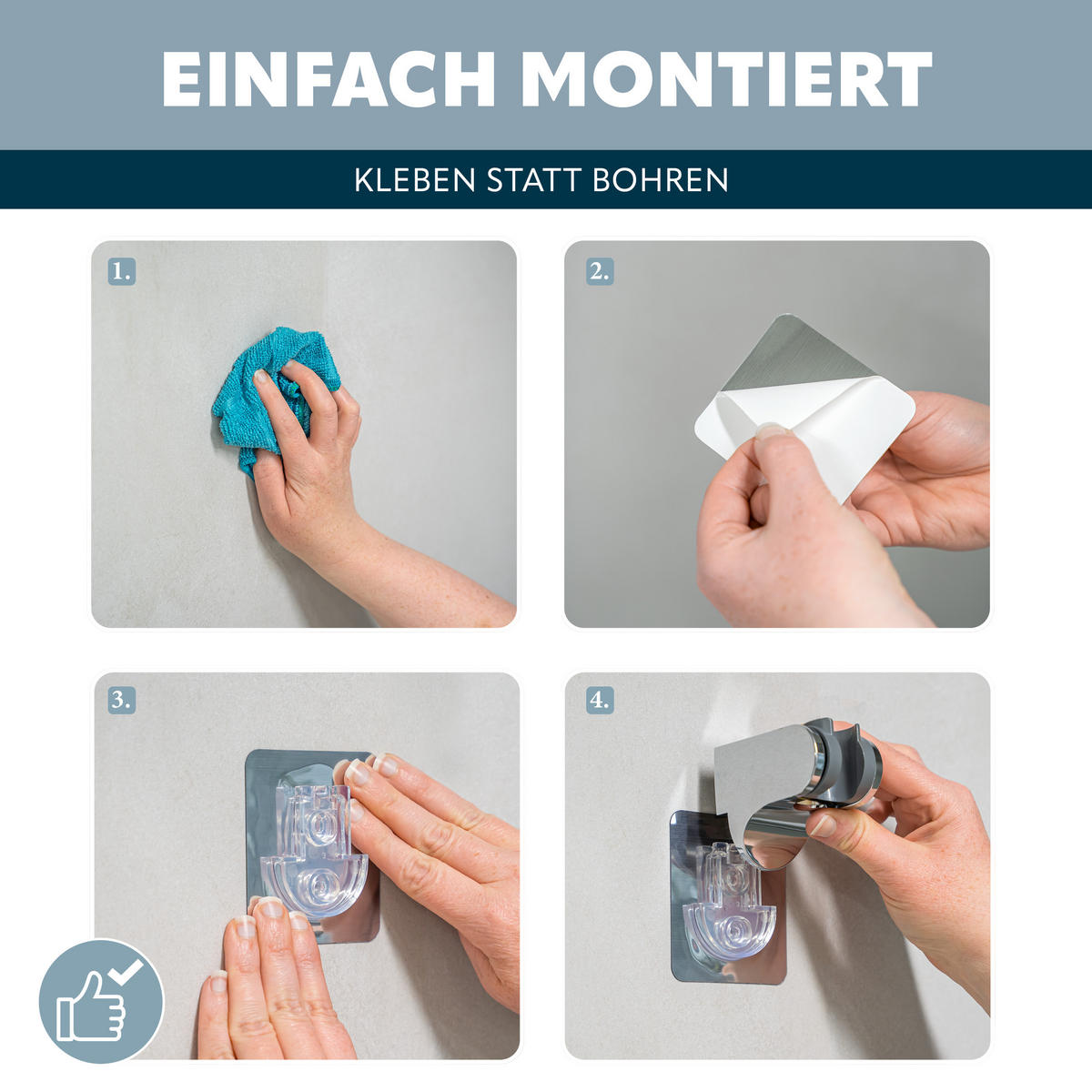 DUSCHKOPFHALTERUNG zum Kleben, silberfarben - Silberfarben, Kunststoff (7.5/7/8.5cm) - eluno