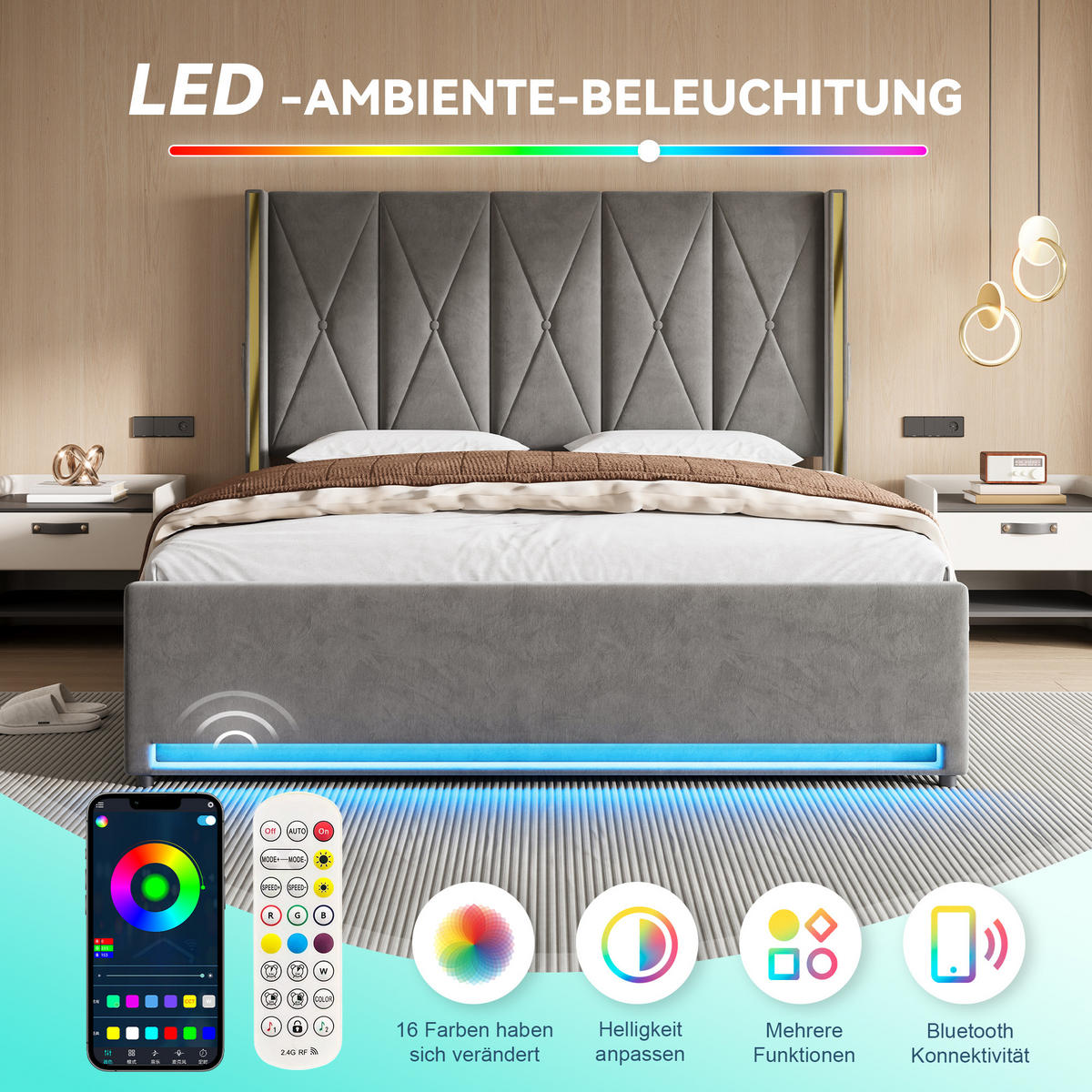 POLSTERBETT 180/200 cm in Dunkelgrau mit Bettkasten, Seitentaschen, LED und USB/Type-C Samt - Dunkelgrau, Holzwerkstoff/Textil (180/200cm) - STILVORA