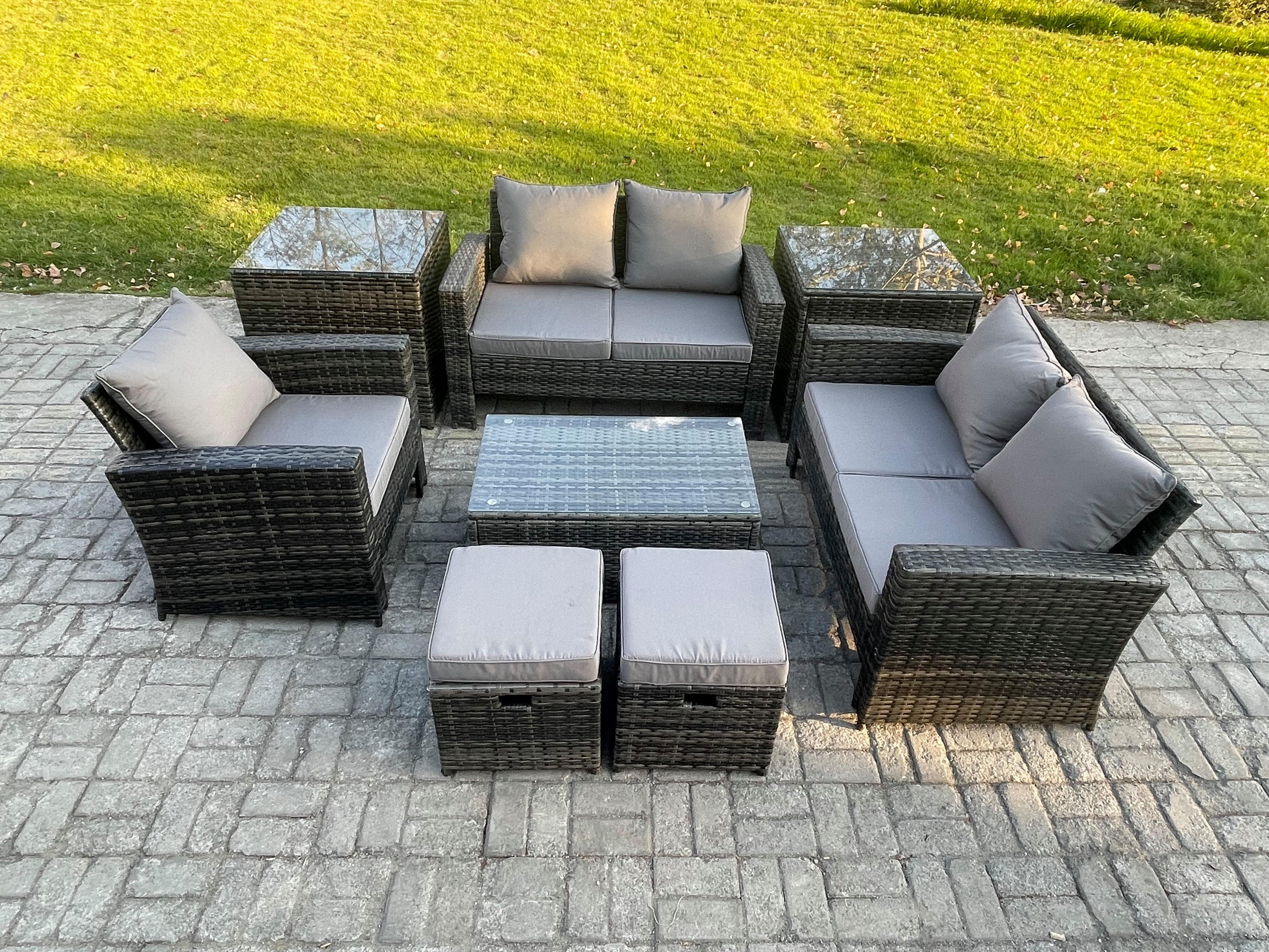 GARTENSOFA SET mit Couchtisch Polyrattan Dunkelgrau 7-Sitzer - Dunkelgrau, Metall - Fimous