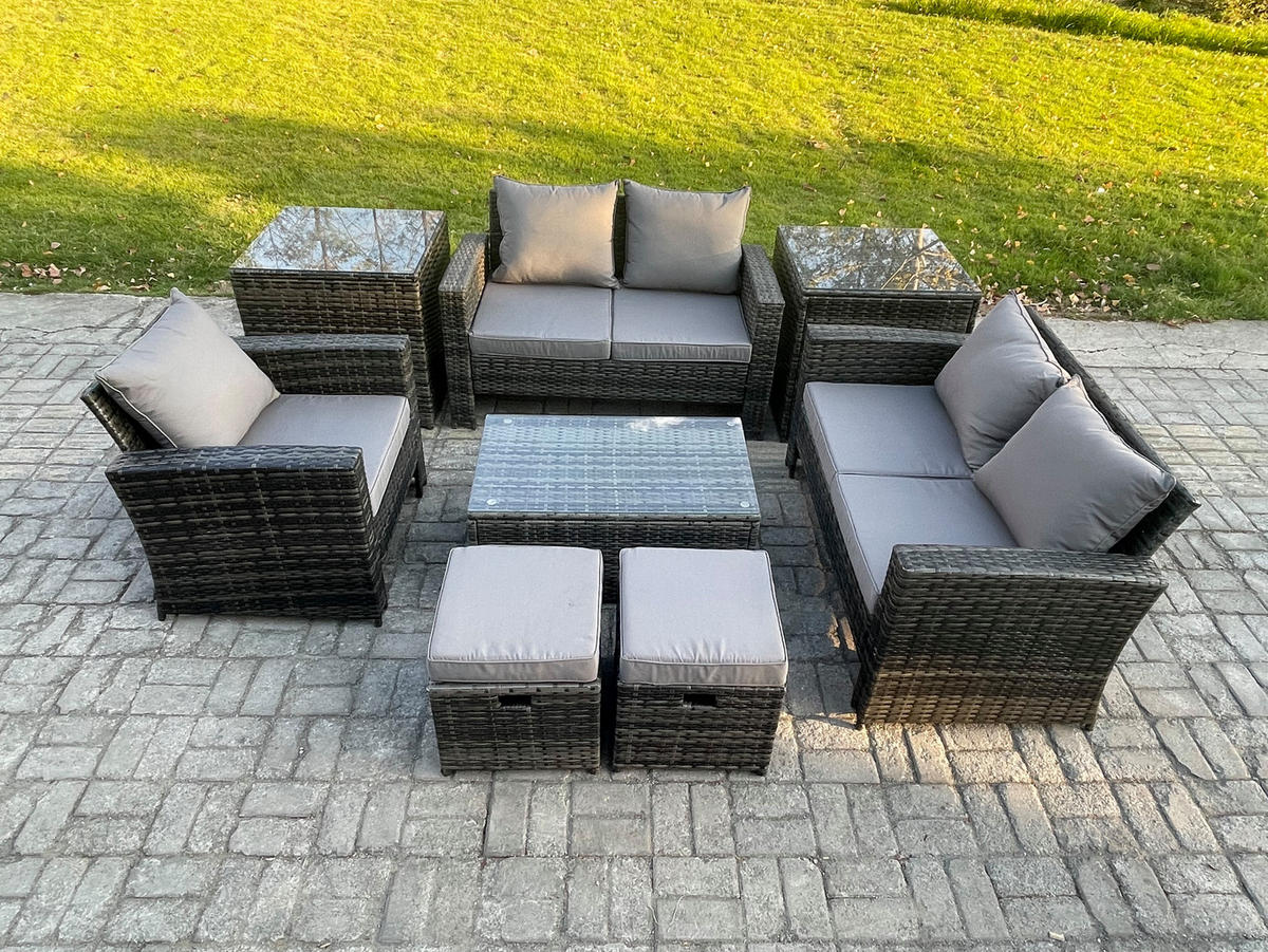 GARTENSOFA SET mit Couchtisch Polyrattan Dunkelgrau 7-Sitzer - Dunkelgrau, Metall - Fimous