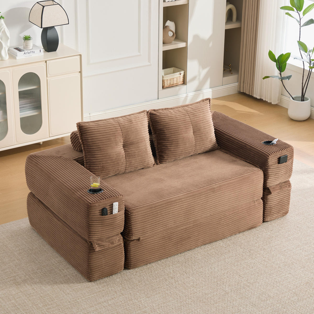 SCHLAFSOFA mit Cordbezug, Memory-Kissen, Getränkehalter und Seitentaschen - Braun, Textil (180/80/98cm) - EVRYAE