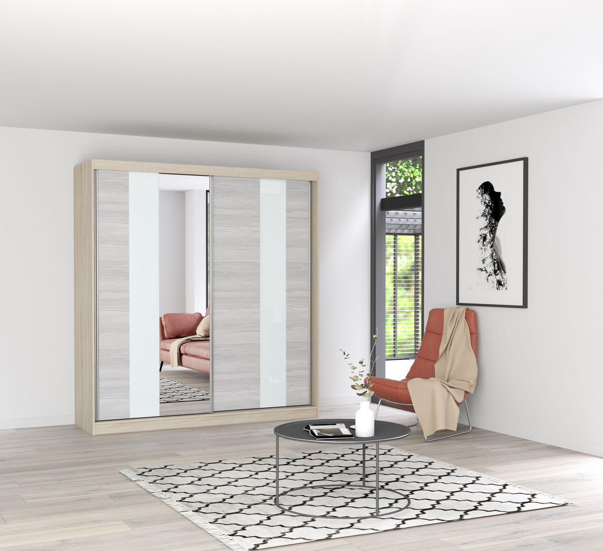 SCHWEBETÜRENSCHRANK MULTI 32 Sonoma Eiche/Kathult Weiß, ohne LED Beleuchtung 203 cm - Alufarben/Schwarz, Glas/Holzwerkstoff (183/218/61cm) - imoebel24