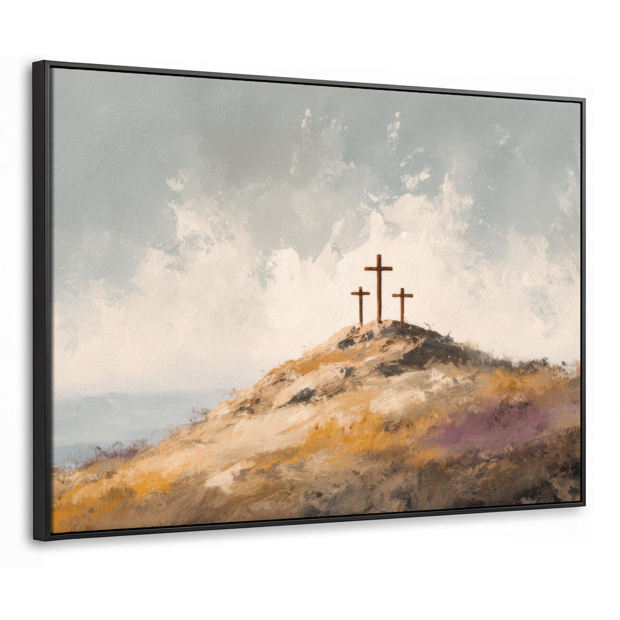 LEINWAND Bilder mit Rahmen - Hügel - Abstrakt - Christentum - Kreuz - 80x60 - Hellgrau, Textil (80/60cm) - MuchoWow