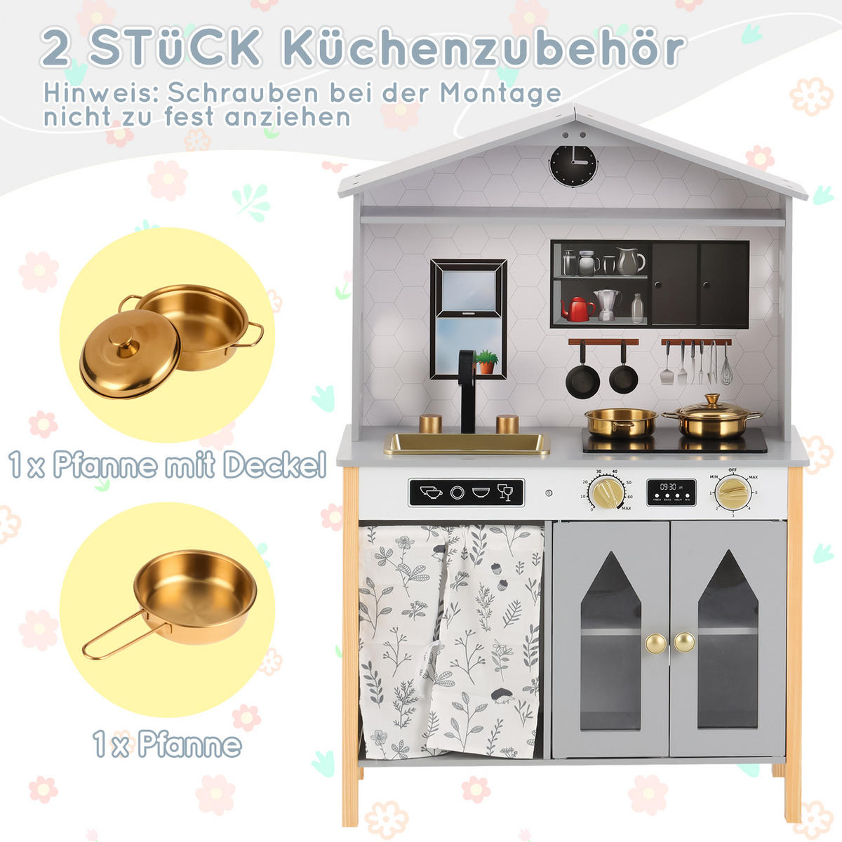 KINDERKÜCHE Spielküche Grau – Hausdesign mit Zubehör & Soundeffekten, Holz/Kunststoff, ab 3 Jahren,28.5x60x92cm - Grau, Holzwerkstoff (60/28.5/92cm) - Ej. Life