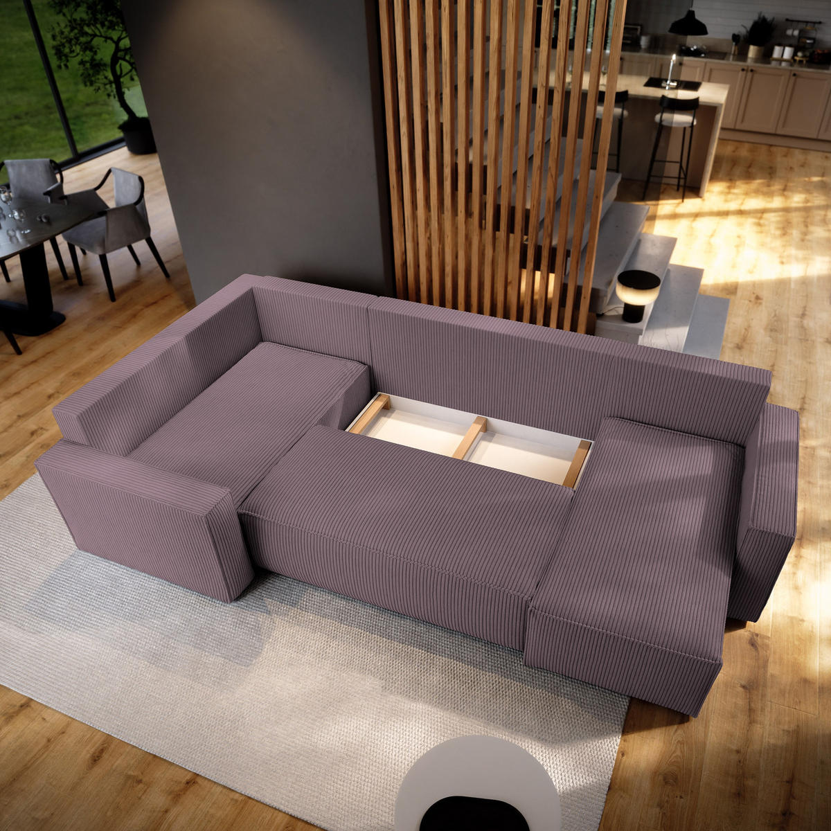 WOHNLANDSCHAFT NORENA L-S Lila Kordstoff mit Schlaffunktion - Lila, Holz (295/85/157.5cm) - MASSENO