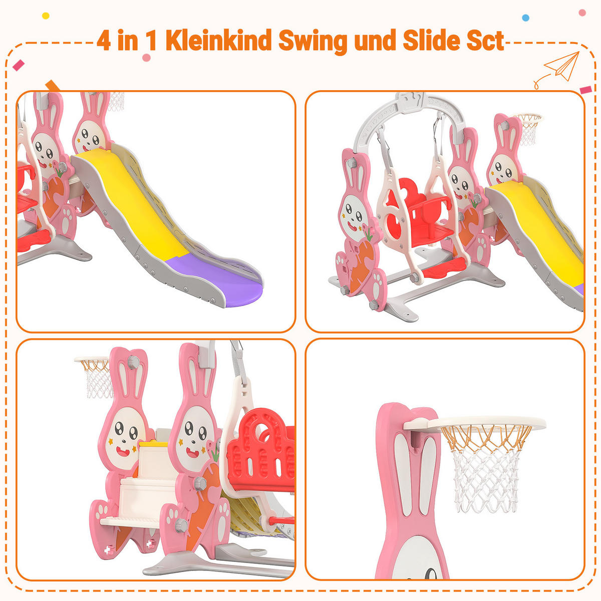 4-IN-1 RUTSCHBAHN Kinder Kaninchen Rosa Mit Schaukel & Basketball - Rosa, Holz (153/118/170cm)