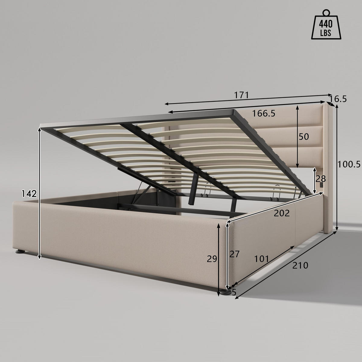POLSTERBETT 160x200 cm mit hydraulischem Bettkasten, inkl. Lattenrost, Kopfteil mit Querheftung, Leinen-Optik Beige - Beige, Holz (160/200cm) - Brevoria