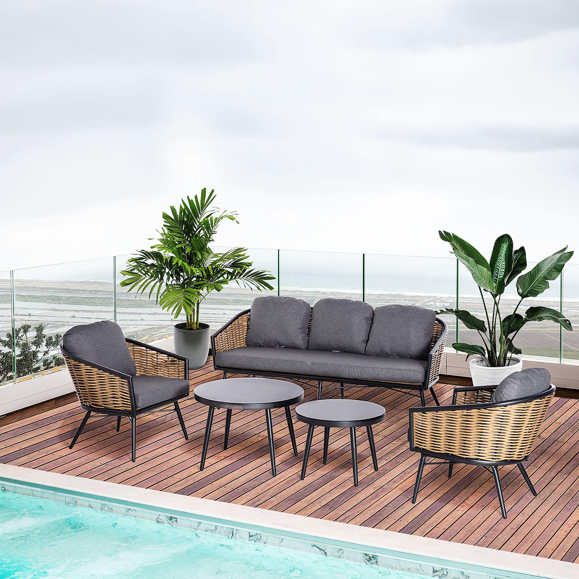 POLYRATTAN Gartenmöbel Set mit Sofa Kissen Aluminium Natur - Naturfarben, Kunststoff - Outsunny