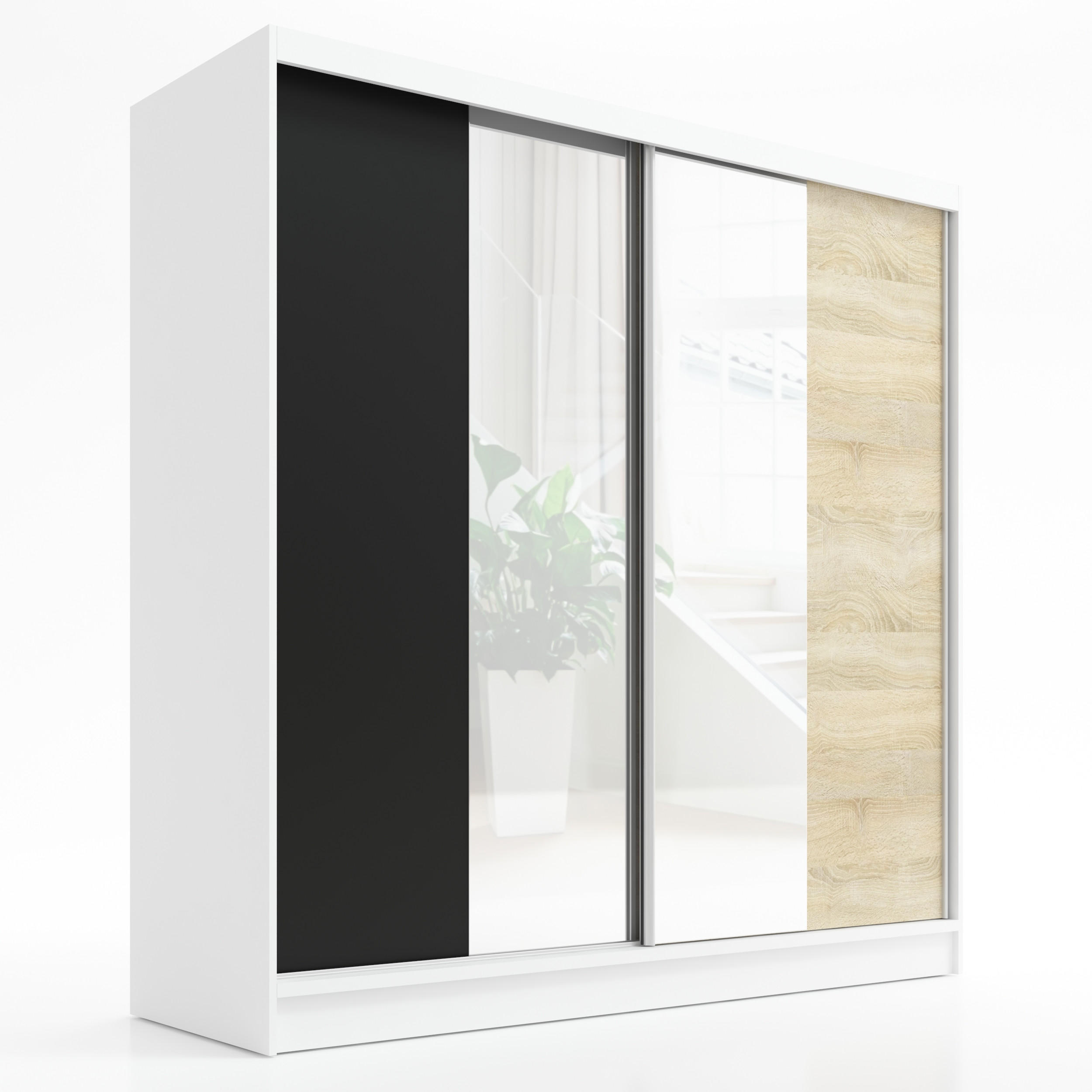 A&J MöbelLand Schwebetürenschrank Weiß, Schwarz, Braun 200x215x60 cm