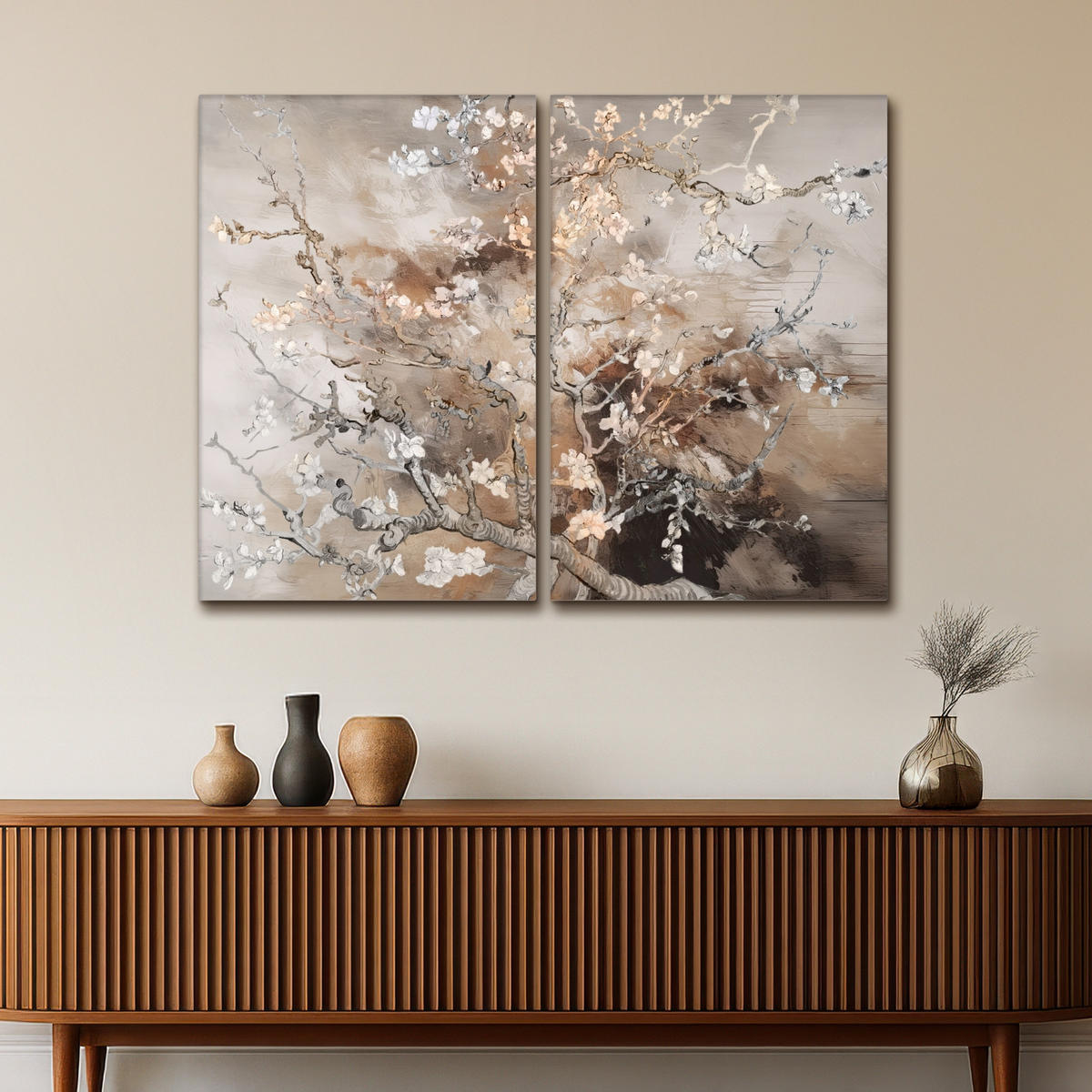 LEINWANDBILD 2er Set Mandelblüte - Abstrakt - Beige 120x90 cm - Beige, Textil (120/90cm) - MuchoWow