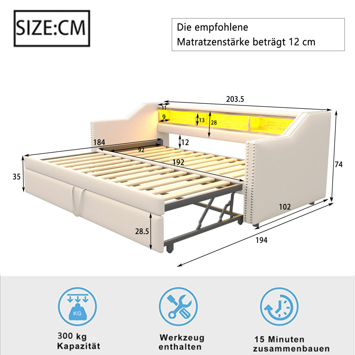 POLSTERBETT Ausziehbares Schlafsofa 90/190 cm und 180/190 cm Staufach mit LED und USB-Buchse aus Leinen - Beige, Textil (90/190cm) - OKWISH