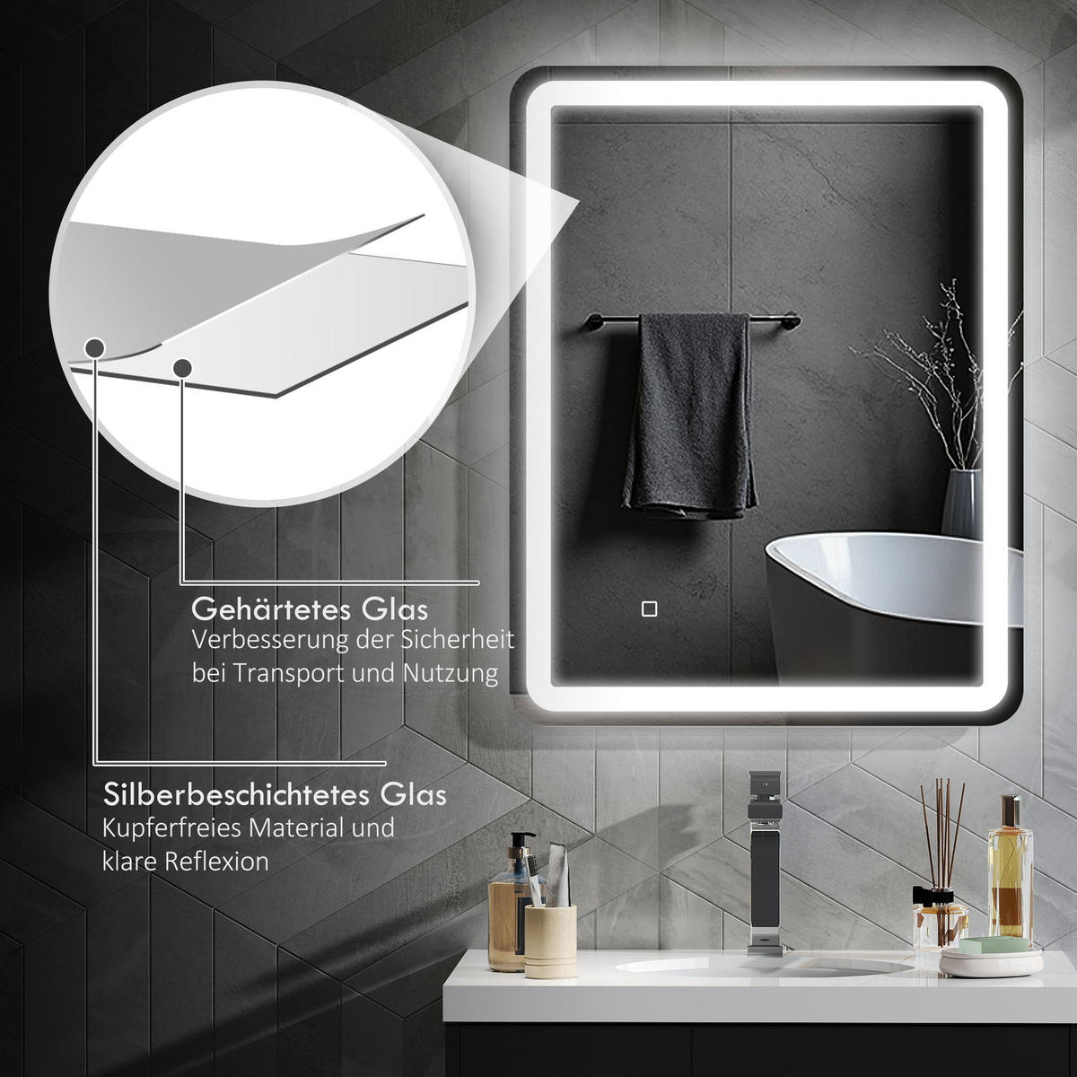 BADSPIEGEL, 70 x 90 cm LED Badezimmerspiegel mit 3 Lichtfarben, Touch-Schalter - Silberfarben, Glas (70/4/90cm) - HOMCOM