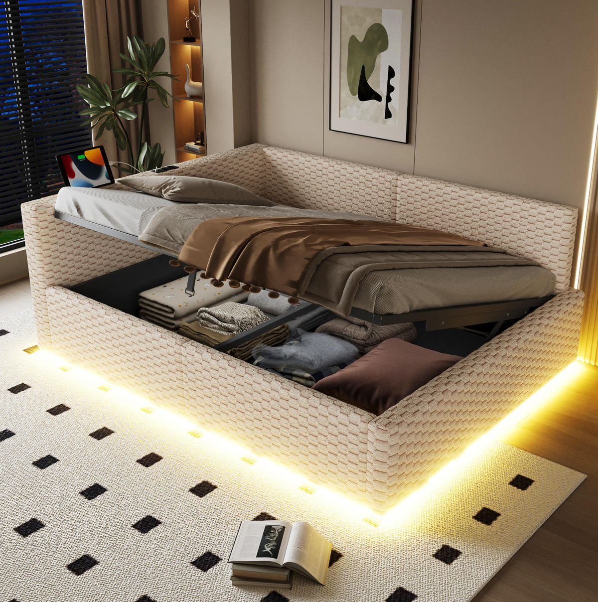 TAPECIRANI krevet 140/200 cm s LED osvjetljenjem, USB i Type-C priključkom te hidrauličnim spremištem, Bež - bež, drvni materijal (140/200cm) - Redom