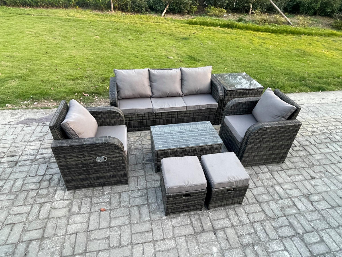 GARTENMÖBELSET mit Couchtisch Polyrattan 7-Sitzer - Dunkelgrau/Grau, Glas/Kunststoff - Fimous