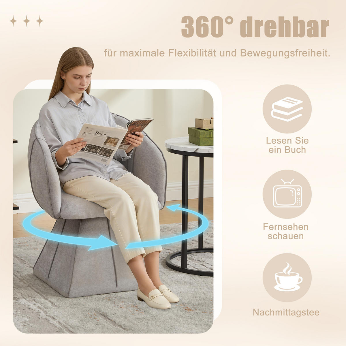 SESSEL,DREHSESSEL aus Chenille mit Drehfunktion und Rückenlehne, Wohnzimmer, Grau - Grau, Textil (56/74/54cm) - PARAFTA HOME