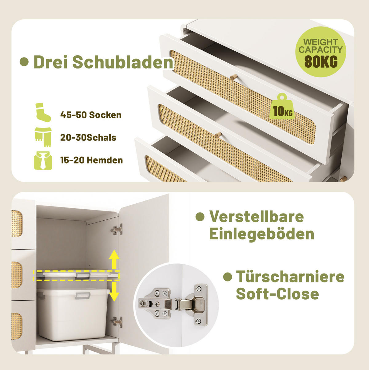 SIDEBOARD aus Holz und Metall 120x40x85 cm Weiß mit Rattanfronten, 3 Schubladen, Türschrank und verstellbaren Einlegeböden - Weiß, Metall (120/85/40cm) - Modfu