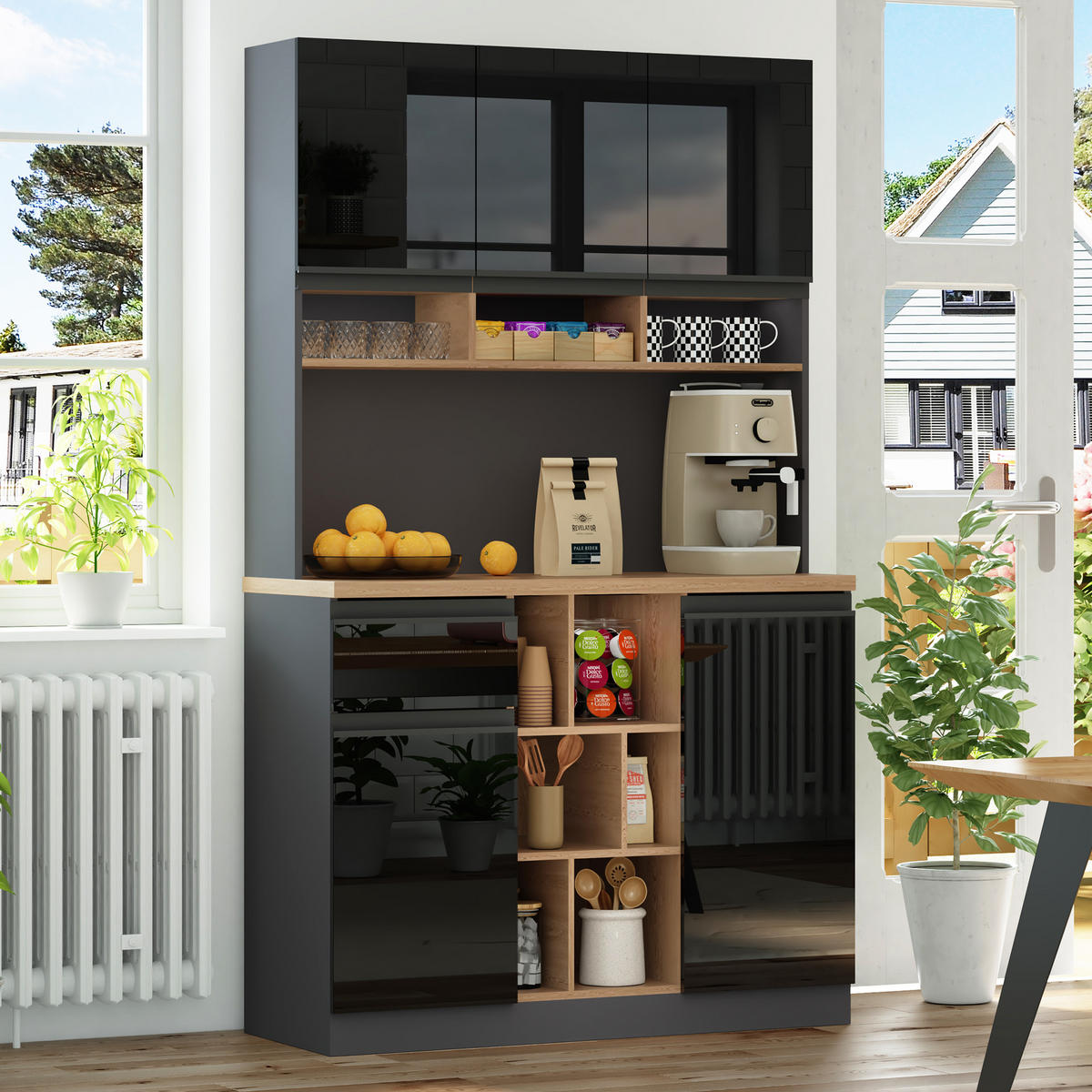 HOCHSCHRANK in Anthrazit mit Hochglanz-Schwarz, Schublade, Türen und verstellbaren Regalen, 105/45/185 cm, Anthrazit，Schwarz - Schwarz, Holzwerkstoff (105/185/45cm) - Redom