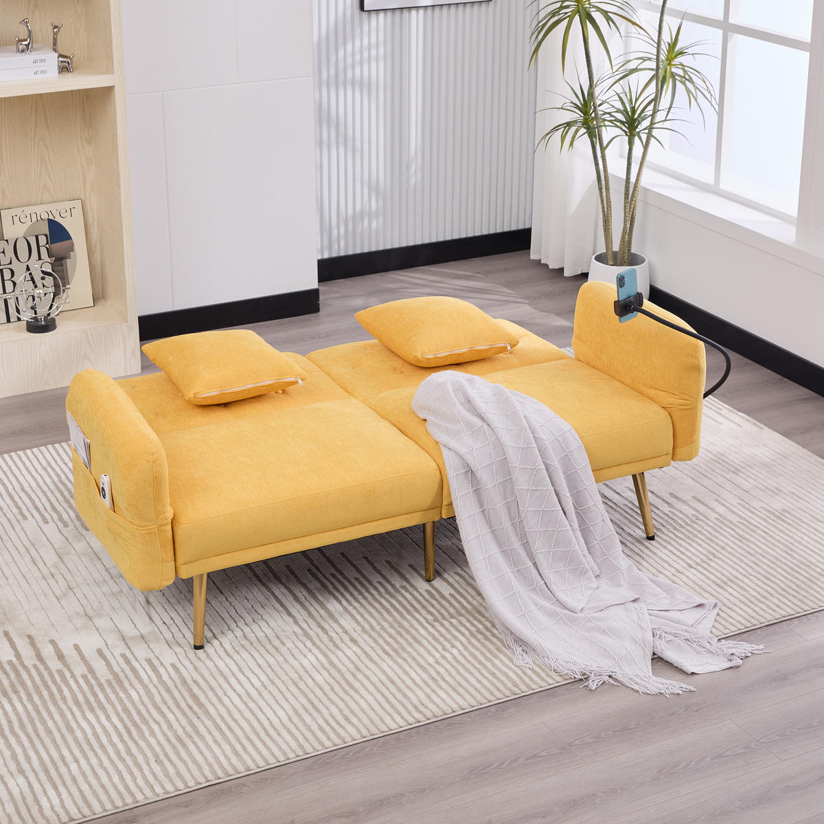 SCHLAFSOFA Multifunktionales 2-Sitzer mit verstellbarer Rückenlehne und USB-Anschlüssen Gelb Chenille 173/78/78 cm - Gelb, Textil (173/78/78cm) - OKWISH