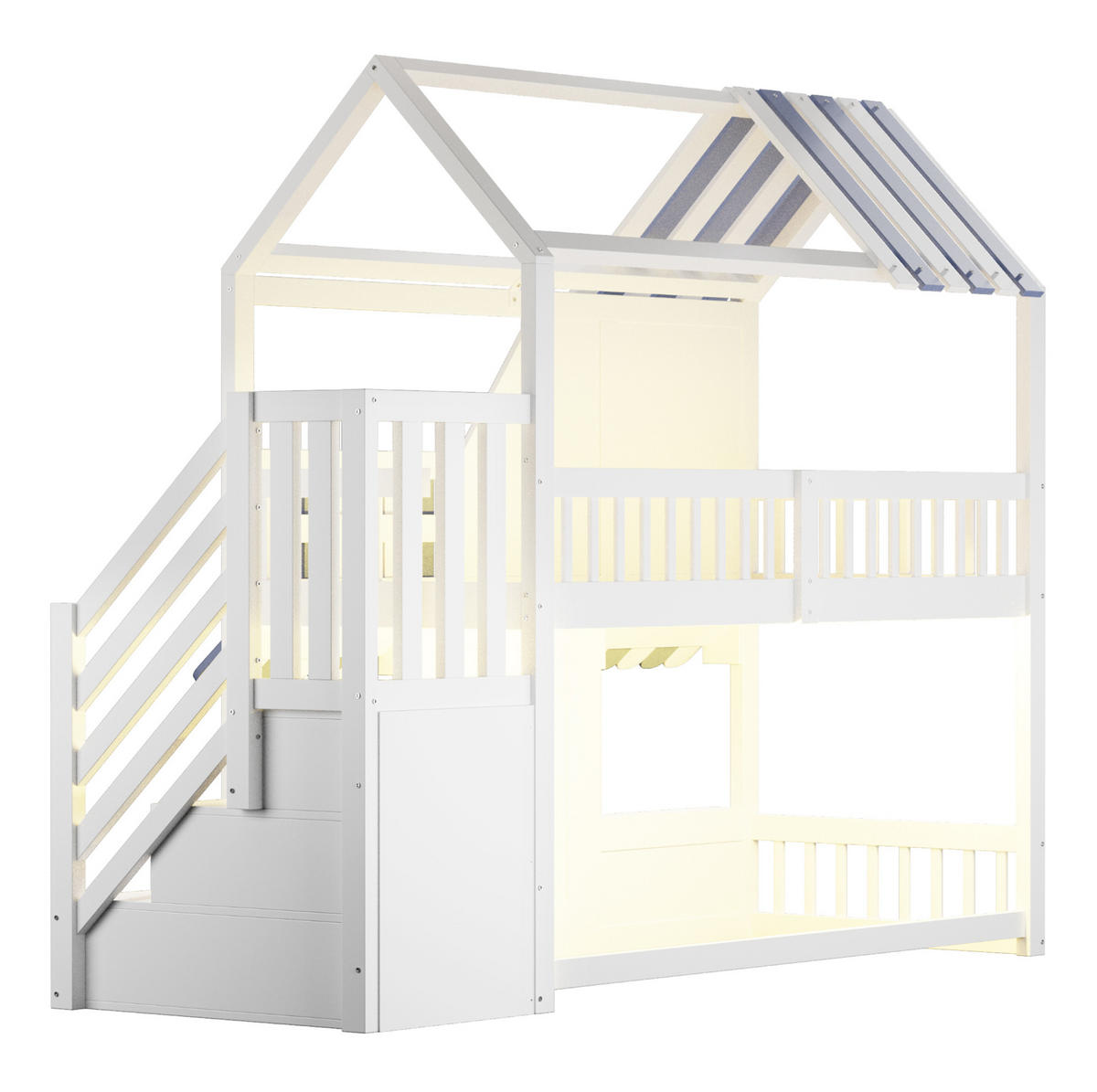 ETAGENBETT 90/200 cm mit LED, Stauraumleiter und Regalen im Hausdesign, Weiß/Blau - Weiß, Holzwerkstoff (90/200cm) - Redom