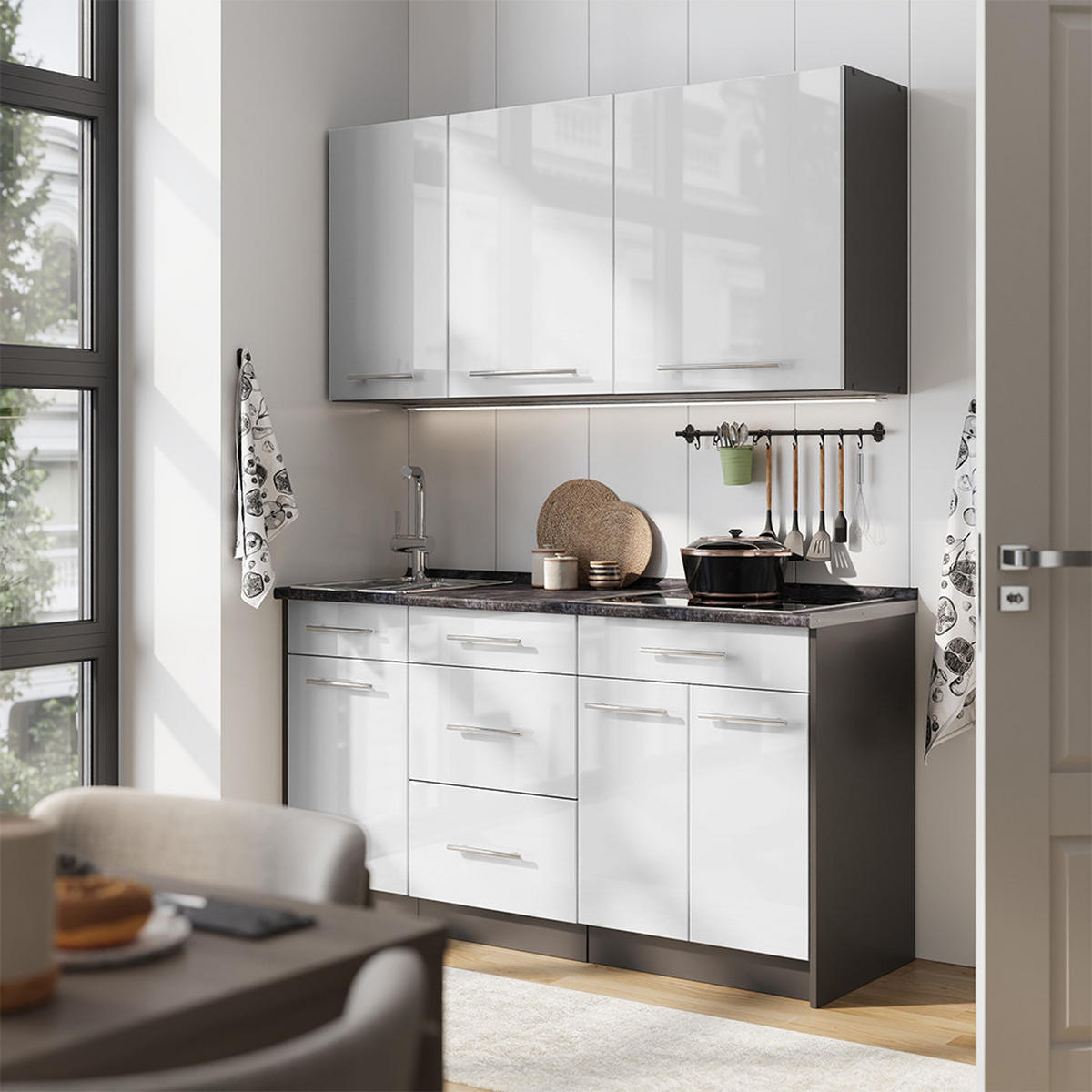 SINGLEKÜCHE Fame-Line, Weiß Hochglanz/Anthrazit, 150 cm, AP Anthrazit - Weiß Hochglanz/Anthrazit, Holzwerkstoff (150/82/60cm) - Vicco