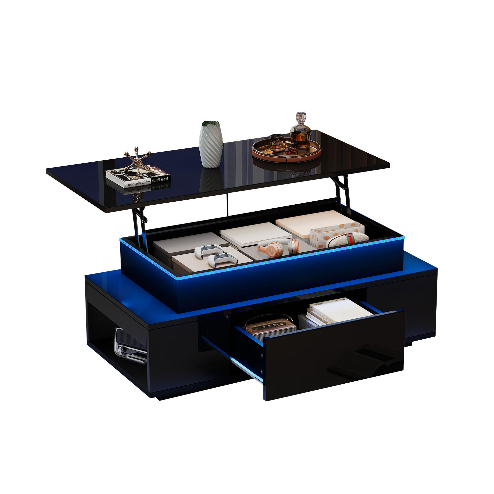 COUCHTISCH, höhenverstellbar, Hochglanz-Spanplatte mit LED & verstecktem Stauraum, 96/45/40 cm, Schwarz - Schwarz, Holzwerkstoff (96/45/40cm) - Redom