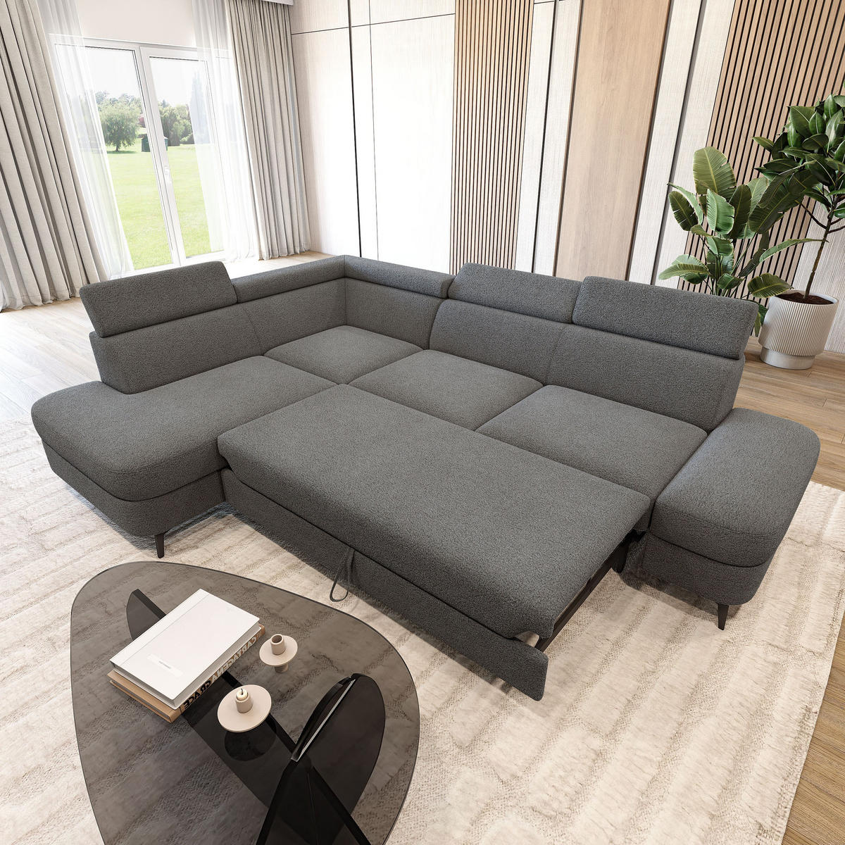 ECKSOFA AVISE Q L-S Grau Boucle-Stoff mit Schlaffunktion - Grau, Holzwerkstoff/Textil (268/195cm) - MASSENO
