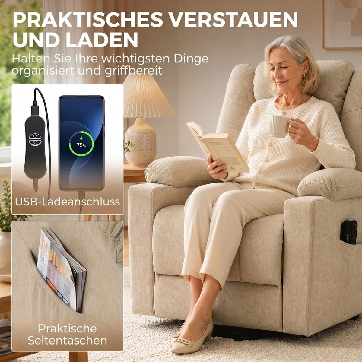 RELAXSESSEL PolyesterCremeweiß - Creme/Schwarz, Holz/Textil (91/106/82cm) - HOMCOM