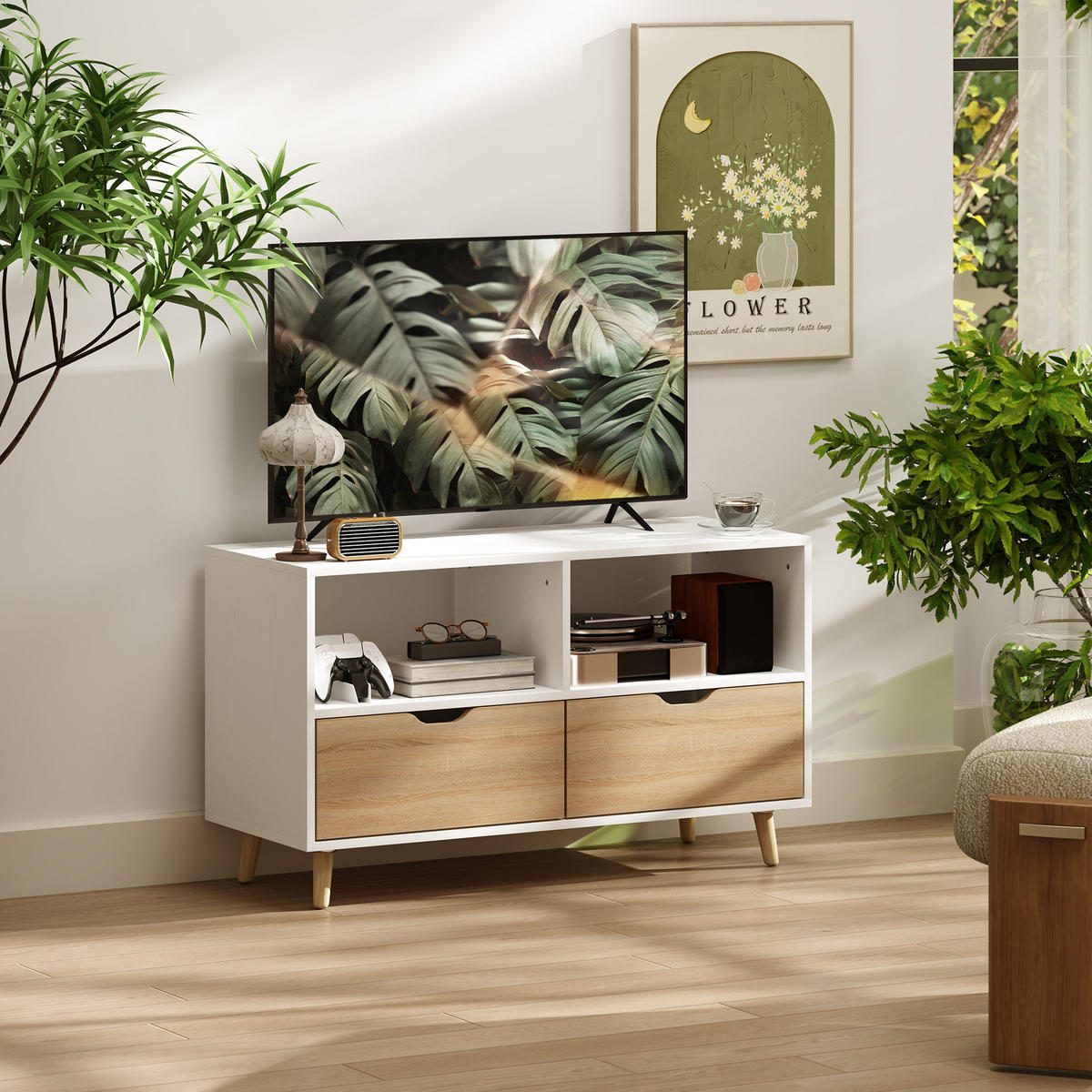 TV-LOWBOARD 99/39/58 cm mit 2 offenen Fächern und 2 Schubladen, Holz mit Kabelmanagement, Weiß - Weiß, Holzwerkstoff (99/58.3/39cm) - Redom