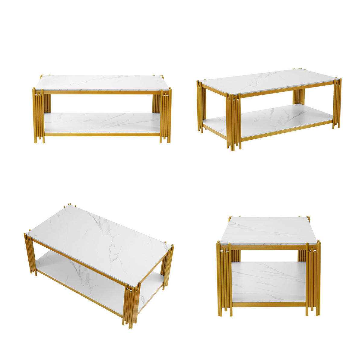 COUCHTISCH 2-stufig, Marmoroptik, Holzwerkstoff, Metallgestell, Weiß und Gold - Weiß, Holzwerkstoff (114/64/46cm) - Meubles Cosy