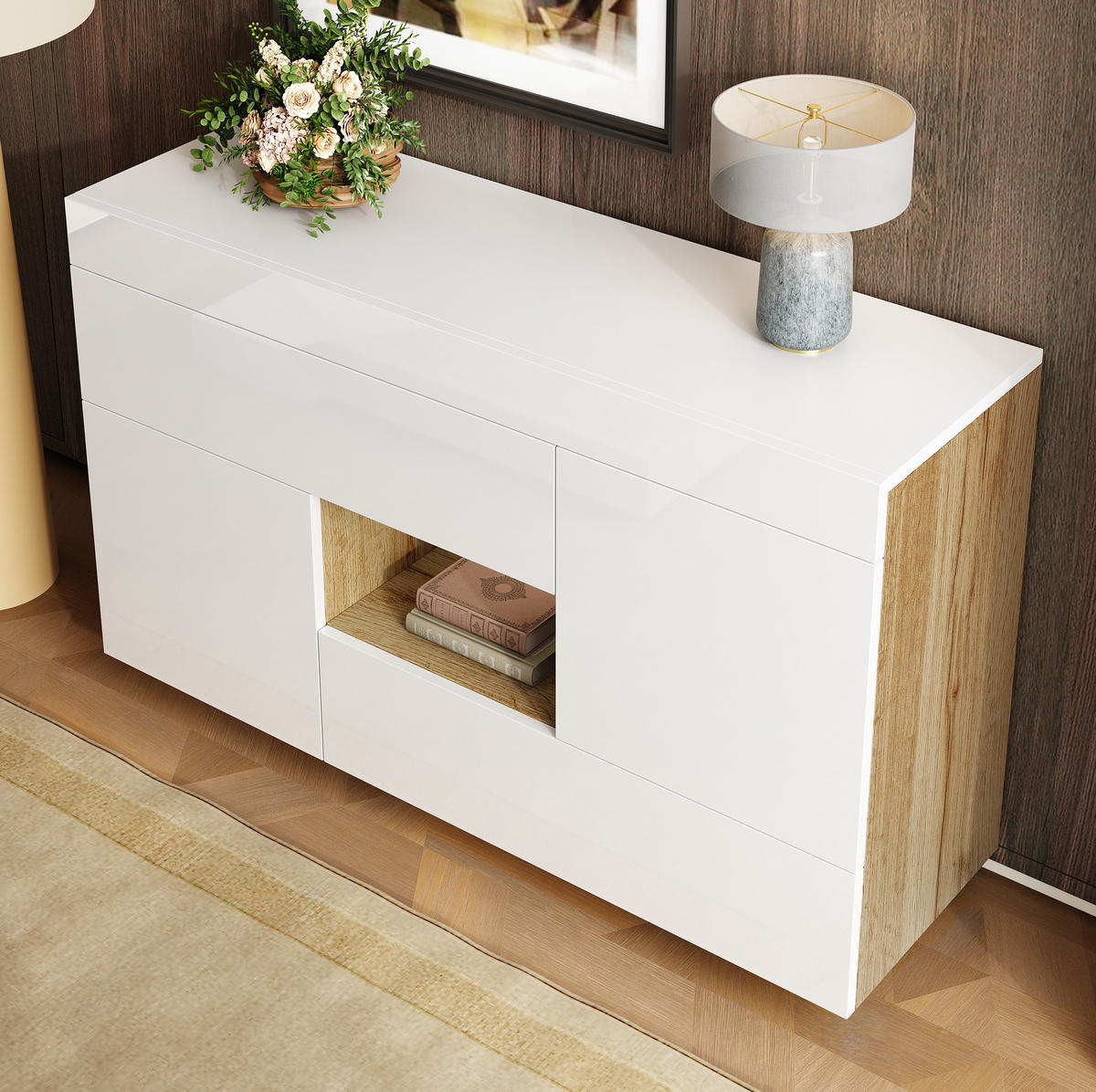 SIDEBOARD 120/37/76,5 cm mit 2 Türen, 2 Schubladen & LED in Weiß - Weiß, Holzwerkstoff (120/37/76.5cm) - BEAOK