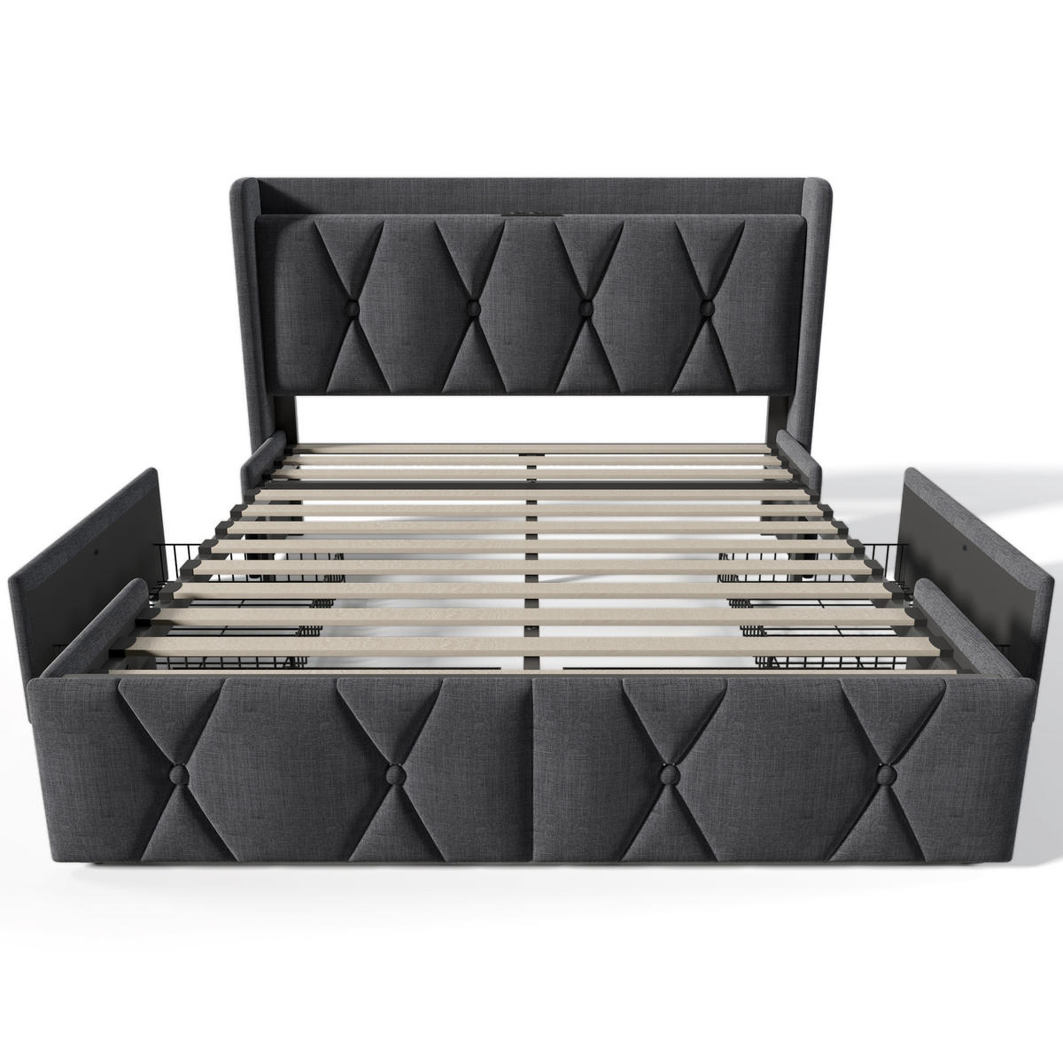 POLSTERBETT 140/200 cm Grau mit 4 Schubladen und USB-Ladefunktion mit Matratze - Grau, Textil (140/200cm) - OKWISH