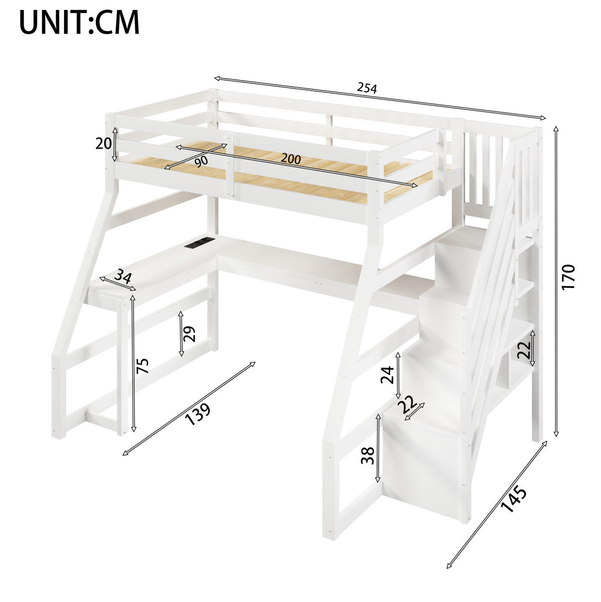 HOCHBETT 90/200 cm aus Kiefer und MDF mit Schreibtisch LED-Beleuchtung und Stauraumtreppe Weiß - Weiß, Holzwerkstoff (90/200cm) - Modenvie