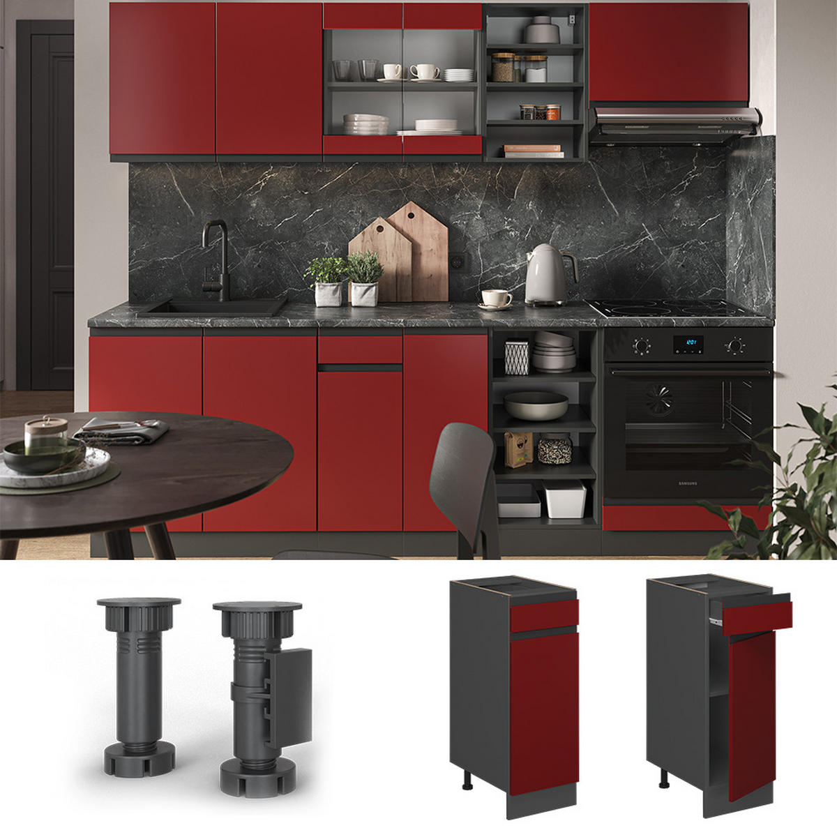 KÜCHENUNTERSCHRANK R-Line Rot 30 cm AP Marmor - Anthrazit/Rot, Holzwerkstoff (30/81.6/60cm) - Vicco