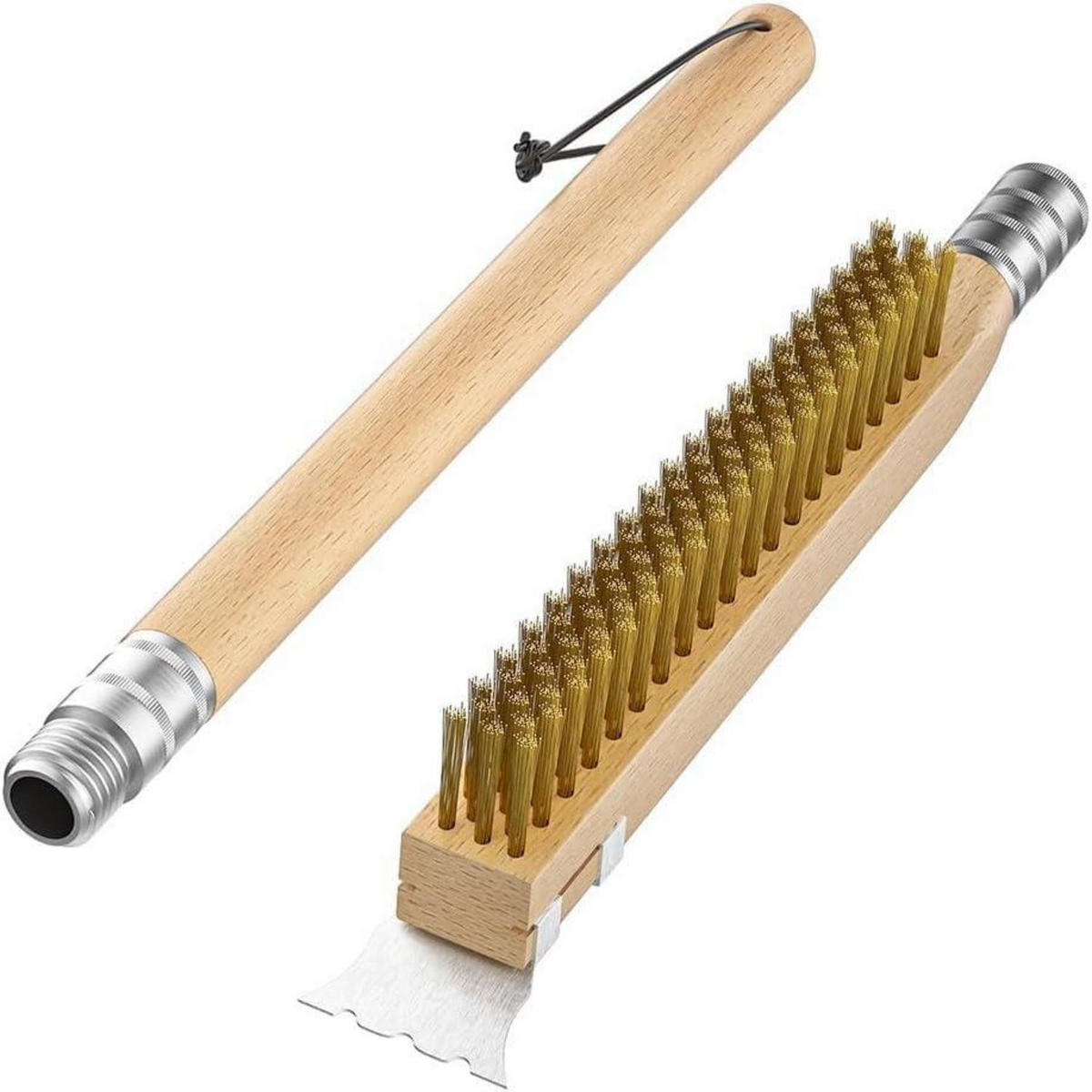 PIZZAOFENBÜRSTE mit Schaber Messingborsten Holzgriff 63,5 cm - Braun, Holz (9.8/5.2/63.5cm)