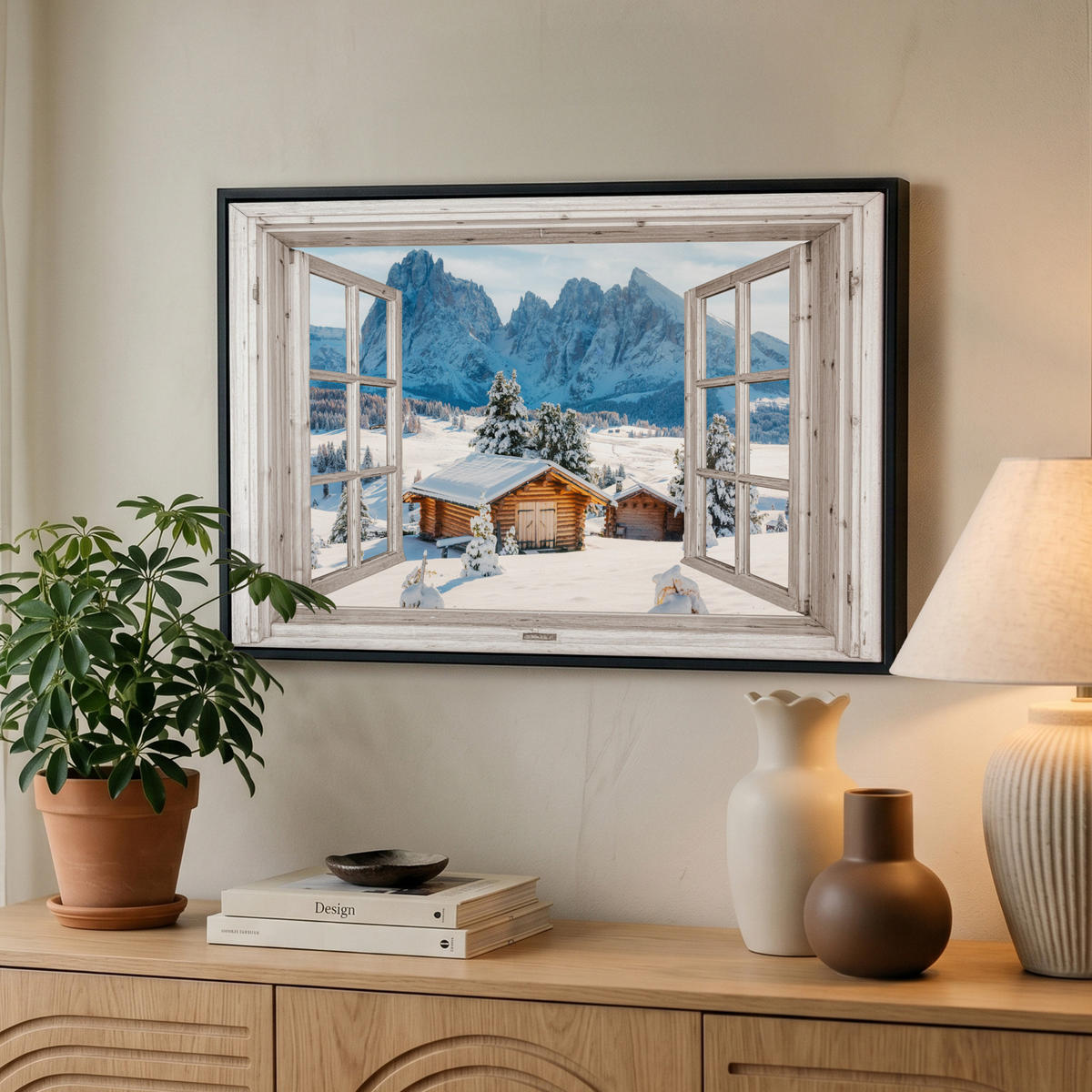LEINWAND Bilder mit Rahmen - Winterlandschaft - Hütte - Berge - Ausblicke - Aussicht - Natur - 60x40 - Weiß Hochglanz, Textil (60/40cm) - MuchoWow