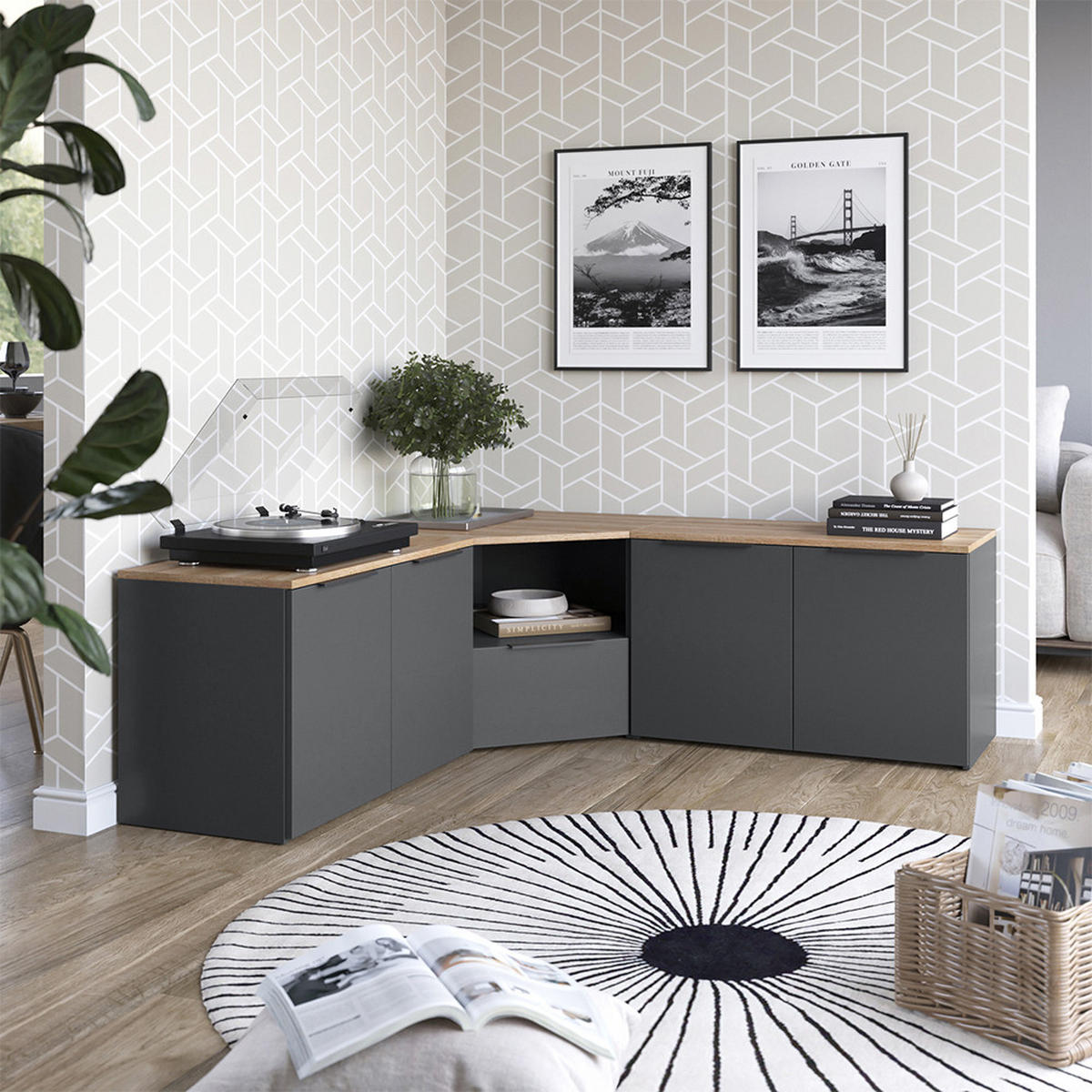 WOHNWAND Wido Anthrazit/Sonoma 3 Teile - Anthrazit/Sonoma Eiche, Holzwerkstoff (68/50/68cm) - Vicco