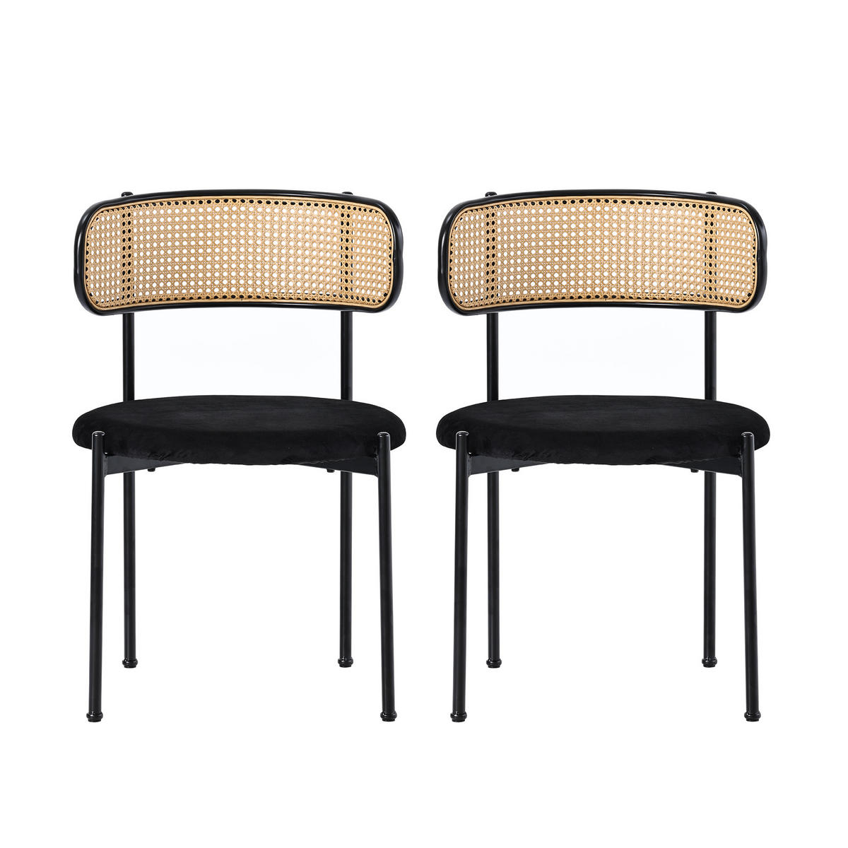 JÍDELNÍ ŽIDLE sada 2 ks, černý samet a ratan, čalouněné s kovovými nohami - černá, textil (51/75/51cm) - Urban Meuble