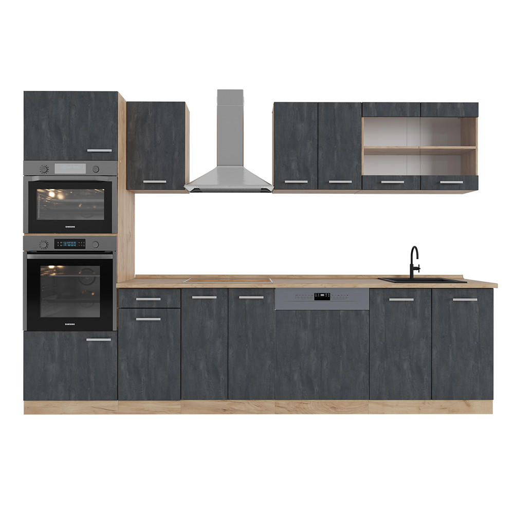 KÜCHENZEILE R-Line Schwarz Beton/Goldkraft Eiche 300 cm AP Eiche - Eiche Wotan/Schwarz, Holzwerkstoff (300/81.6/60cm) - Vicco