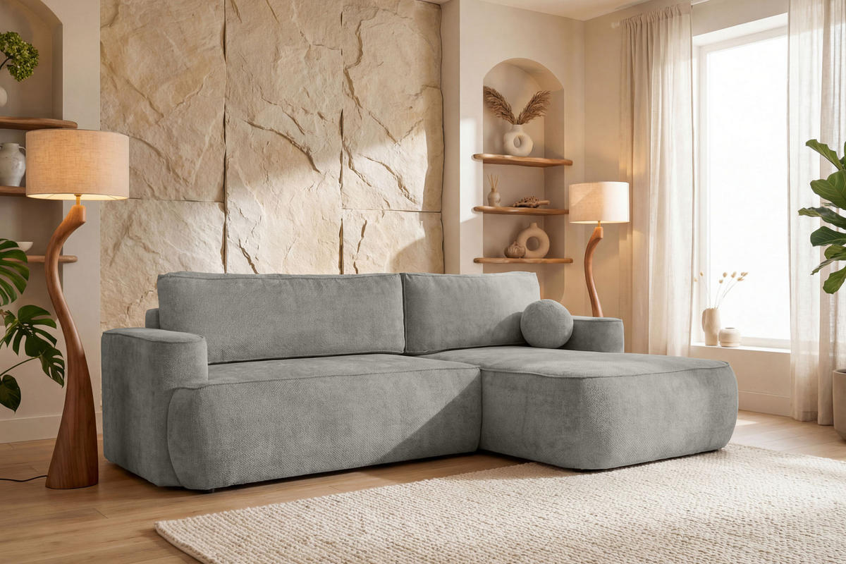 ECKSOFA Marion mit Schlaffunktion & Bettkasten in Chenille Grau, Rechts 267/154/83 cm - Schwarz/Grau, Kunststoff/Textil (267/154cm) - WFL GROUP