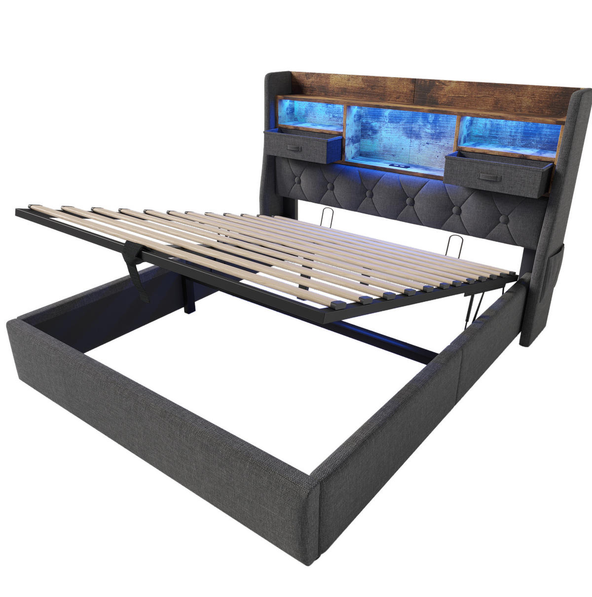 BETT mit Stauraum und LED 140x190 cm Leinen Grau - Grau, Metall (140/190cm) - Meubliv