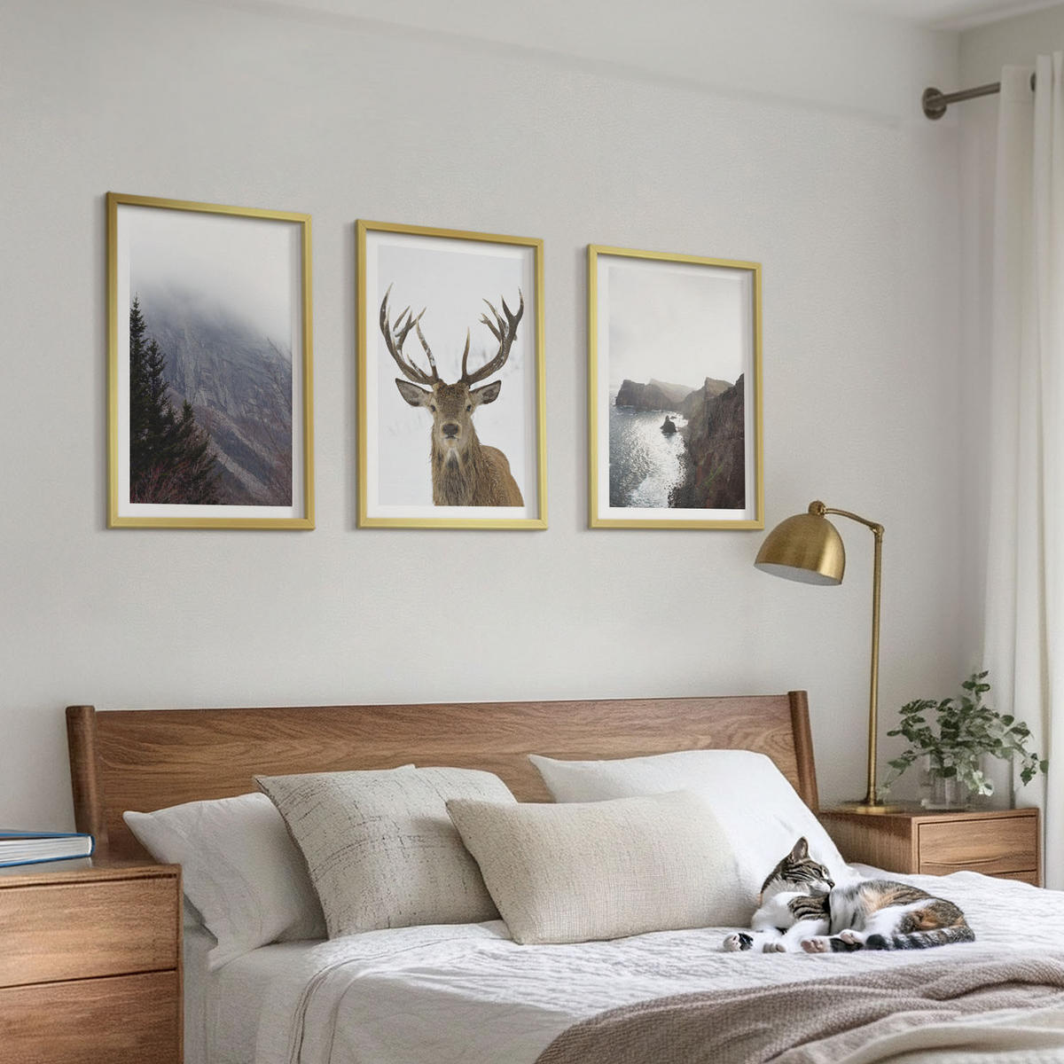BILDER SET 3er Set - 40x60 cm Goldrahmen - Berglandschaft mit Hirschen - Goldfarben, Kunststoff (40/60cm) - TULUP