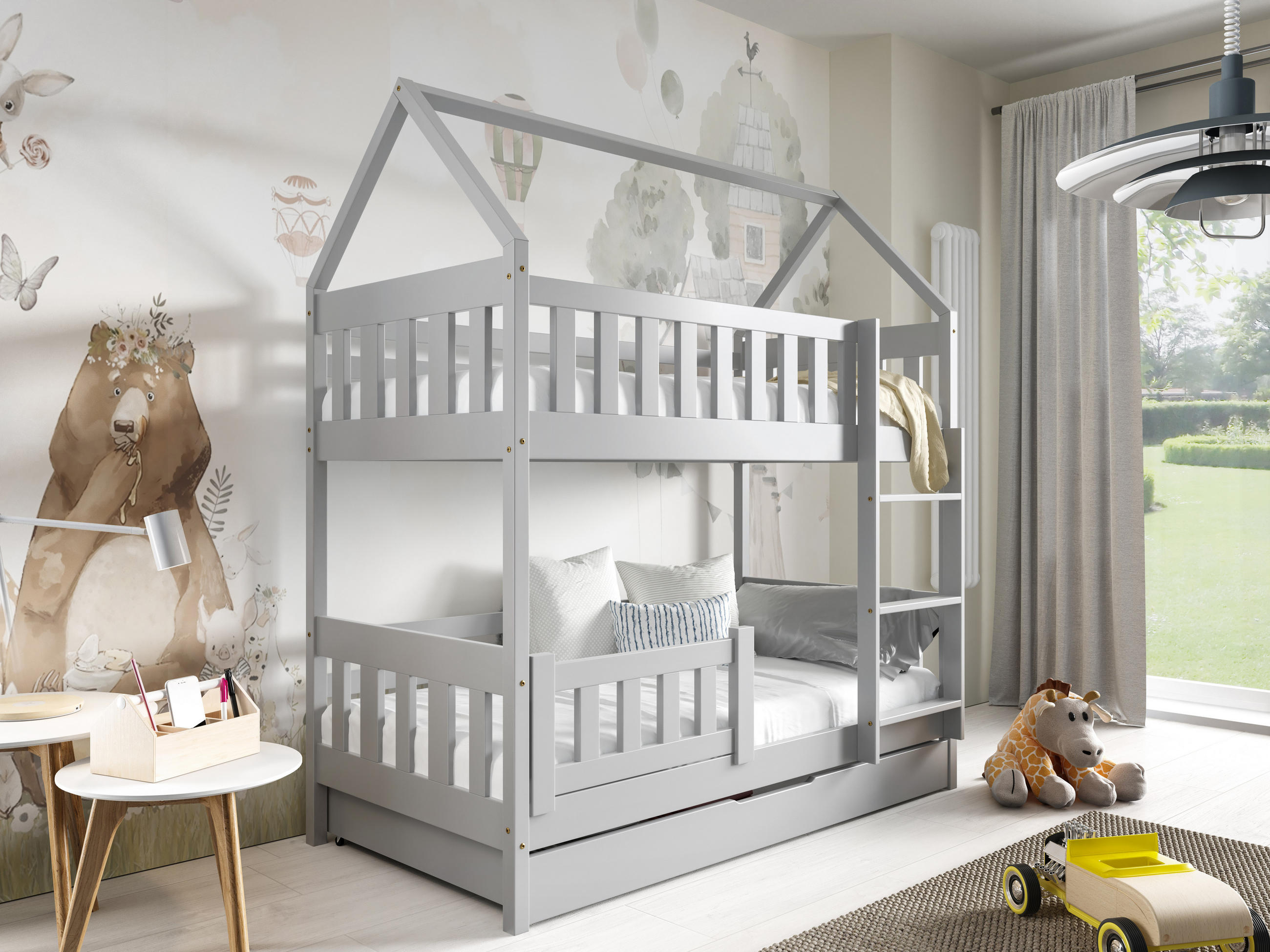 ETAGENBETT ELENA mit Bettkasten 80x160 cm Hellgrau - Hellgrau, Holz (80/160cm) - MASSENO