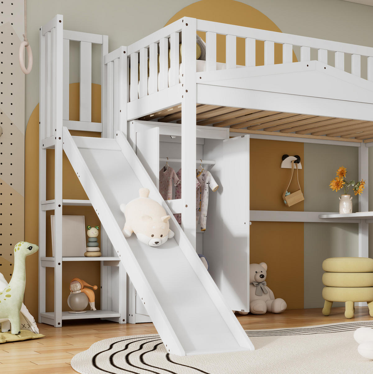 ETAGENBETT 90/200 cm Weiß mit Fallschutzgitter und Tisch aus Kiefer+MDF - Weiß, Holzwerkstoff (90/200cm) - OKWISH