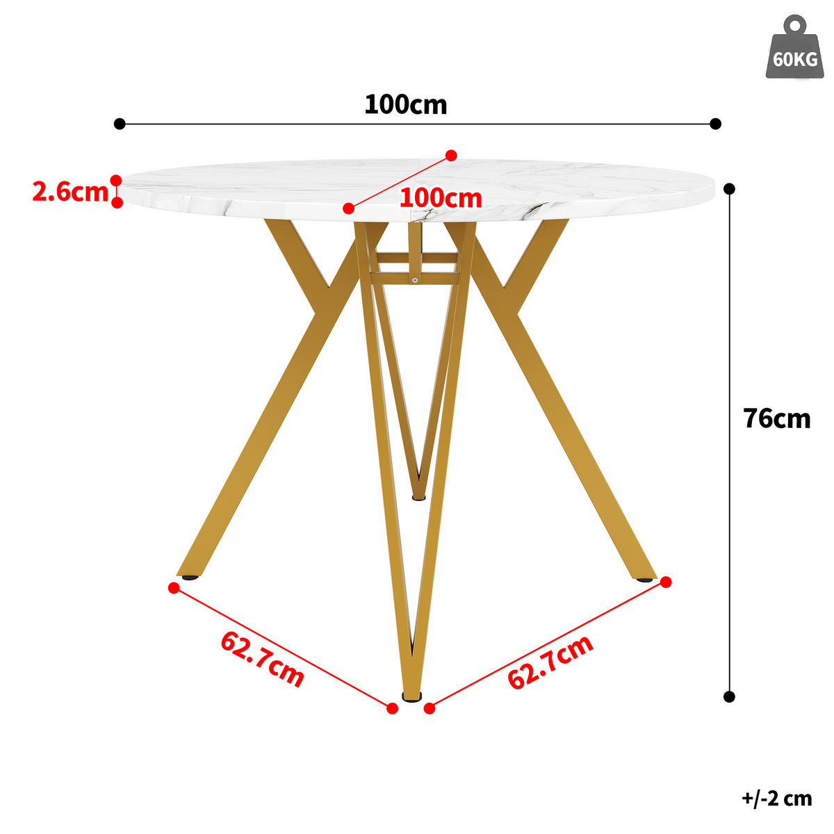 ESSTISCH 100x100x76 cm in Weiß und Gold aus MDF mit Marmoroptik auf goldenem Metallgestell - Goldfarben, Holzwerkstoff (100/100/76cm) - Modfu